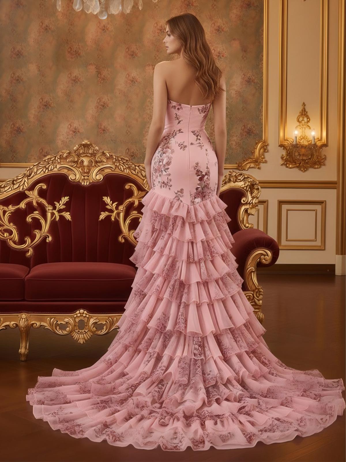 Bow Tiered Sleeveless Strapless Tulle Mermaid Formal Dresses with Slit