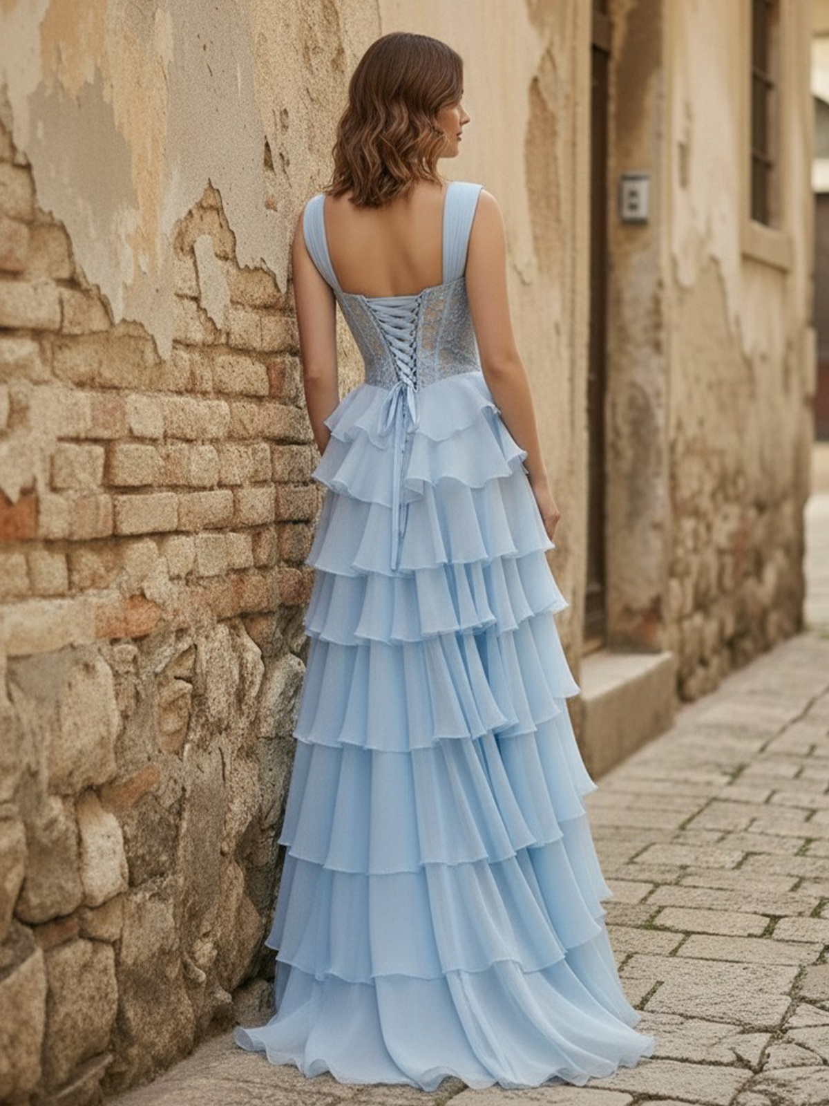 Spaghetti Straps Lace Appliques Tiered Tulle A Line Foraml Dresses with Slit