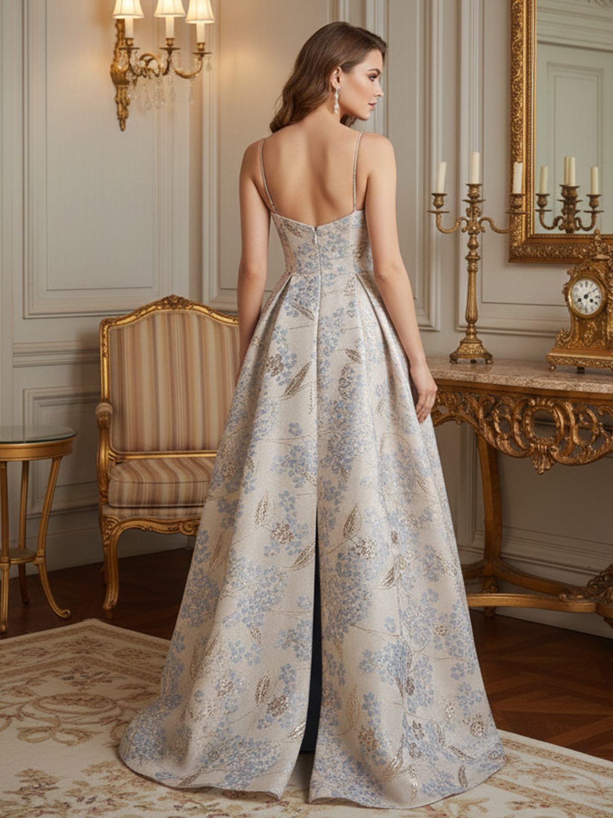 Spaghetti Straps V Neck Tulle A Line Formal Dresses with Slit