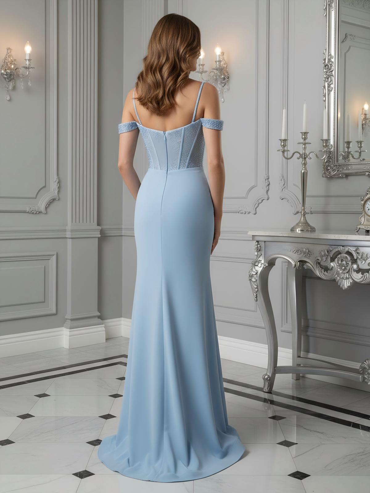 Sequin Spaghetti Straps Off the Shoulder Mermaid Formal Dresses with Slit