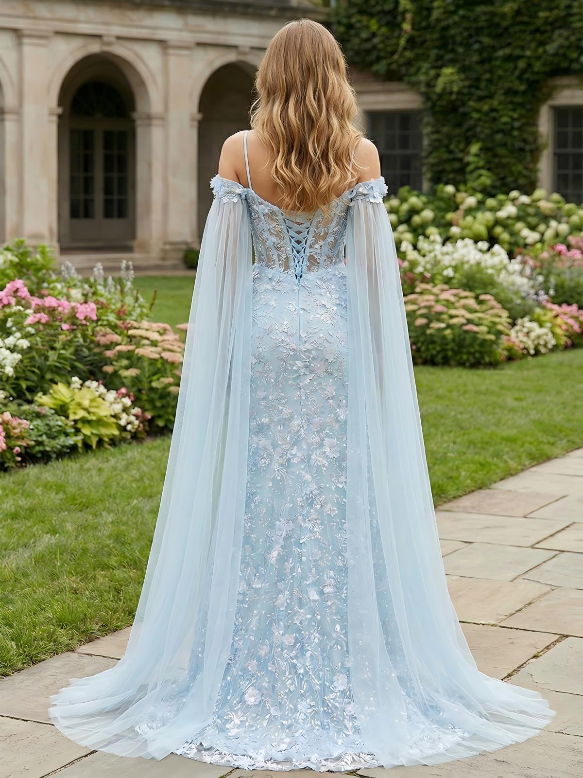 Lace Appliques Tulle Floral Print High Slit Sweetheart Off the Shoulder Formal Dresses with Caps