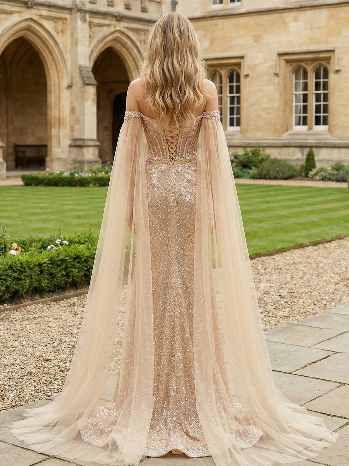 Lace Appliques Sequin Floral Print High Slit Sweetheart Off the Shoulder Formal Dresses with Caps