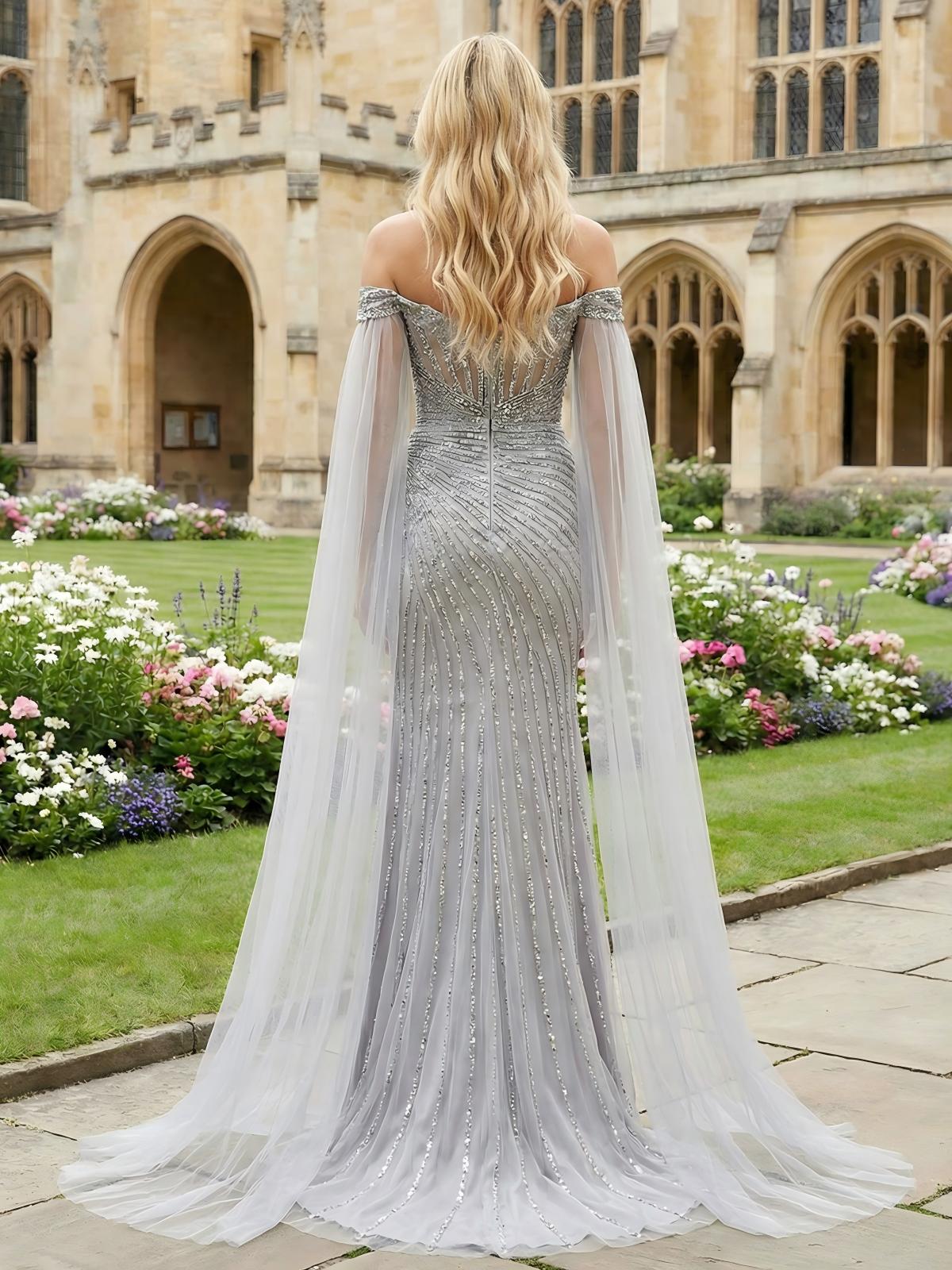 Sequin Floral Print High Slit Sweetheart Off the Shoulder Formal Dresses with Caps