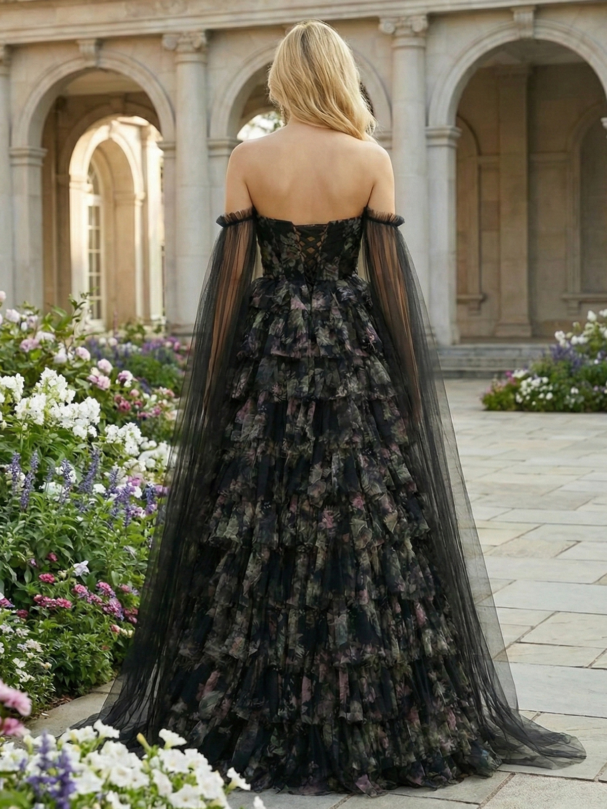 Cut Out Tulle Floral Print Tiered Sweetheart Off the Shoulder Formal Dresses with Caps