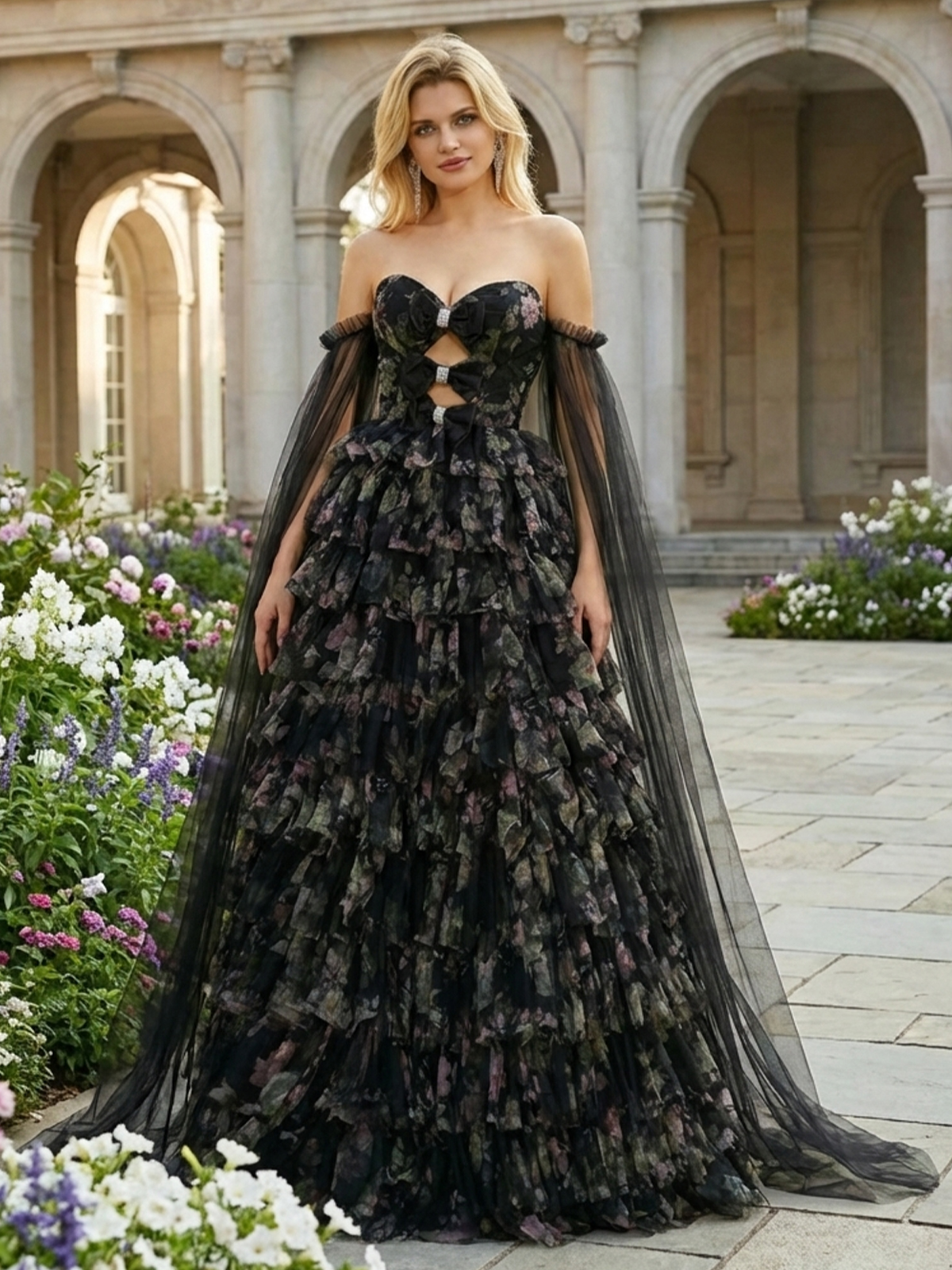 Cut Out Tulle Floral Print Tiered Sweetheart Off the Shoulder Formal Dresses with Caps
