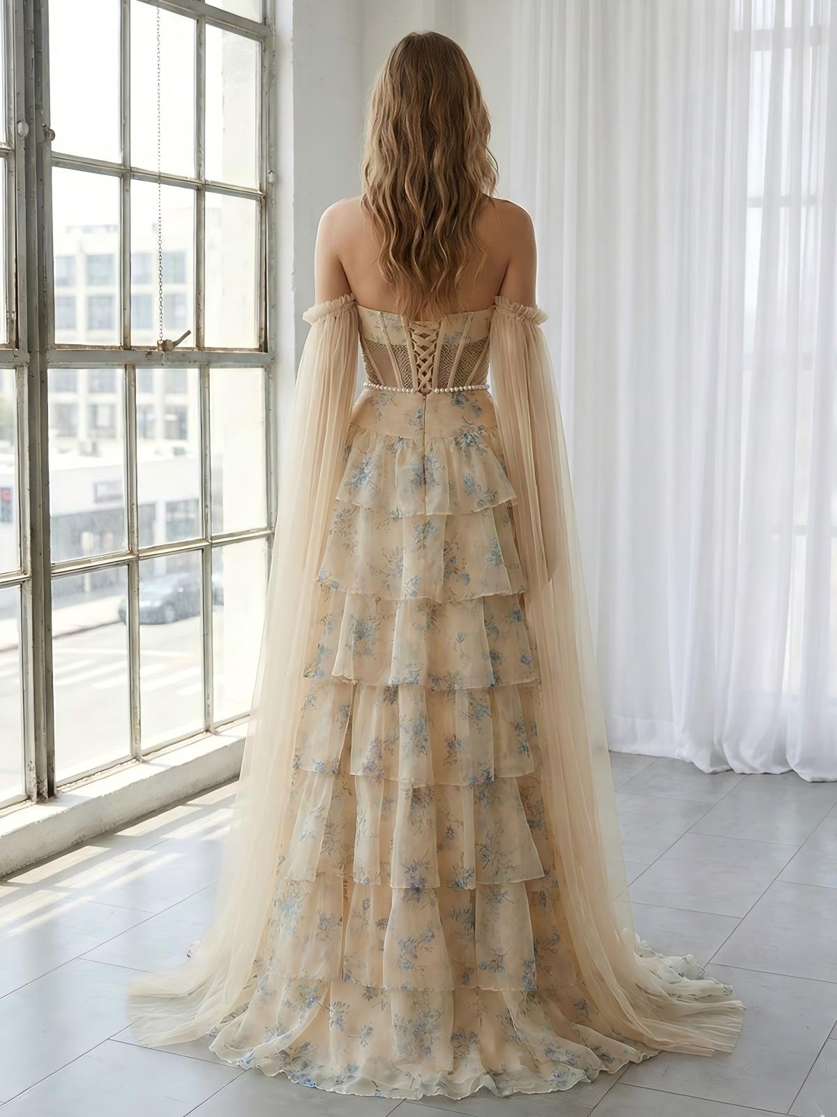 Tulle Floral Print Tiered Strapless Off the Shoulder Formal Dresses with Caps
