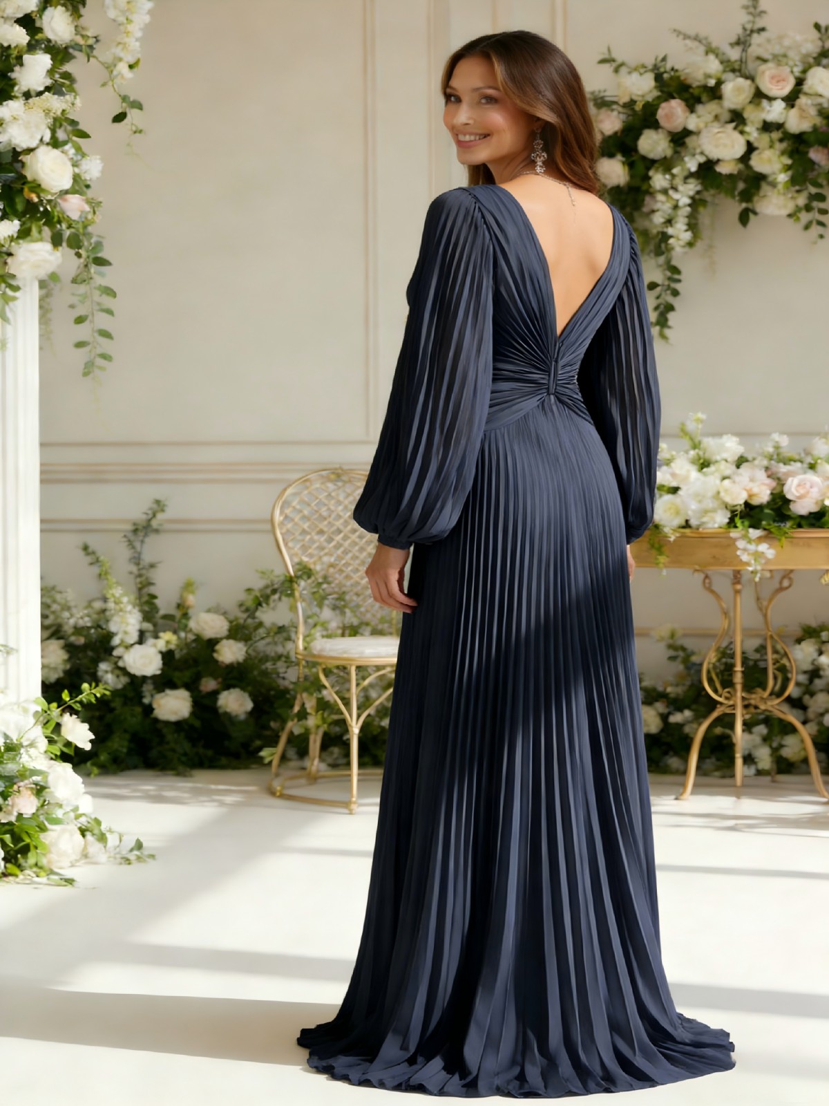 Chiffon V Neck Pleated Long Sleeves Bridesmaid Dresses