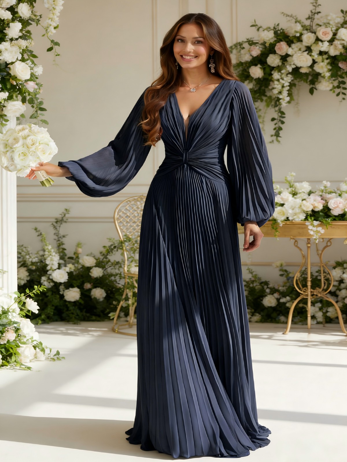 Chiffon V Neck Pleated Long Sleeves Bridesmaid Dresses