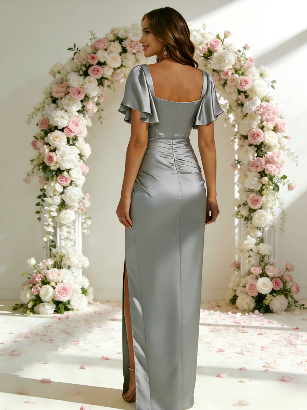 Satin Square Neck Pleated Short Sleeves Bridesmaid Dresses with Slit