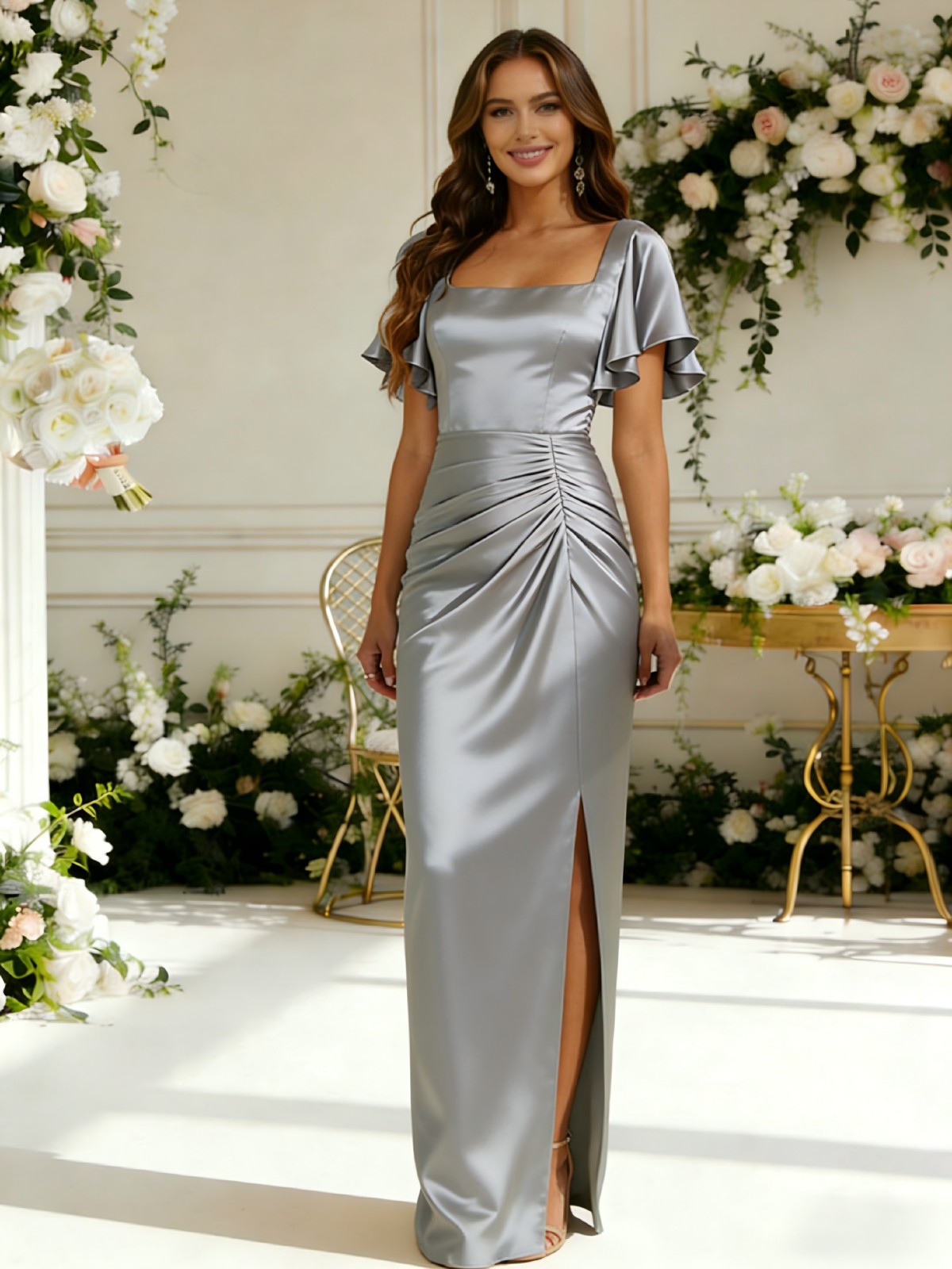 Satin Square Neck Pleated Short Sleeves Bridesmaid Dresses with Slit