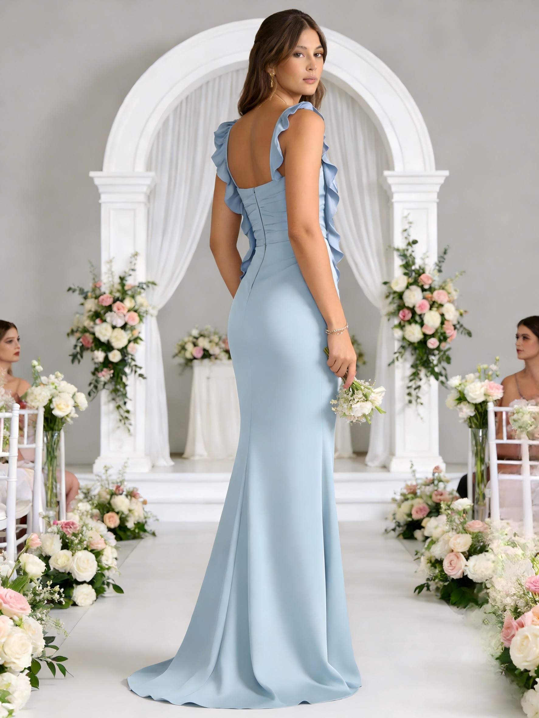 Satin Spaghetti Straps Ruffles Sheath Bridesmaid Dresses