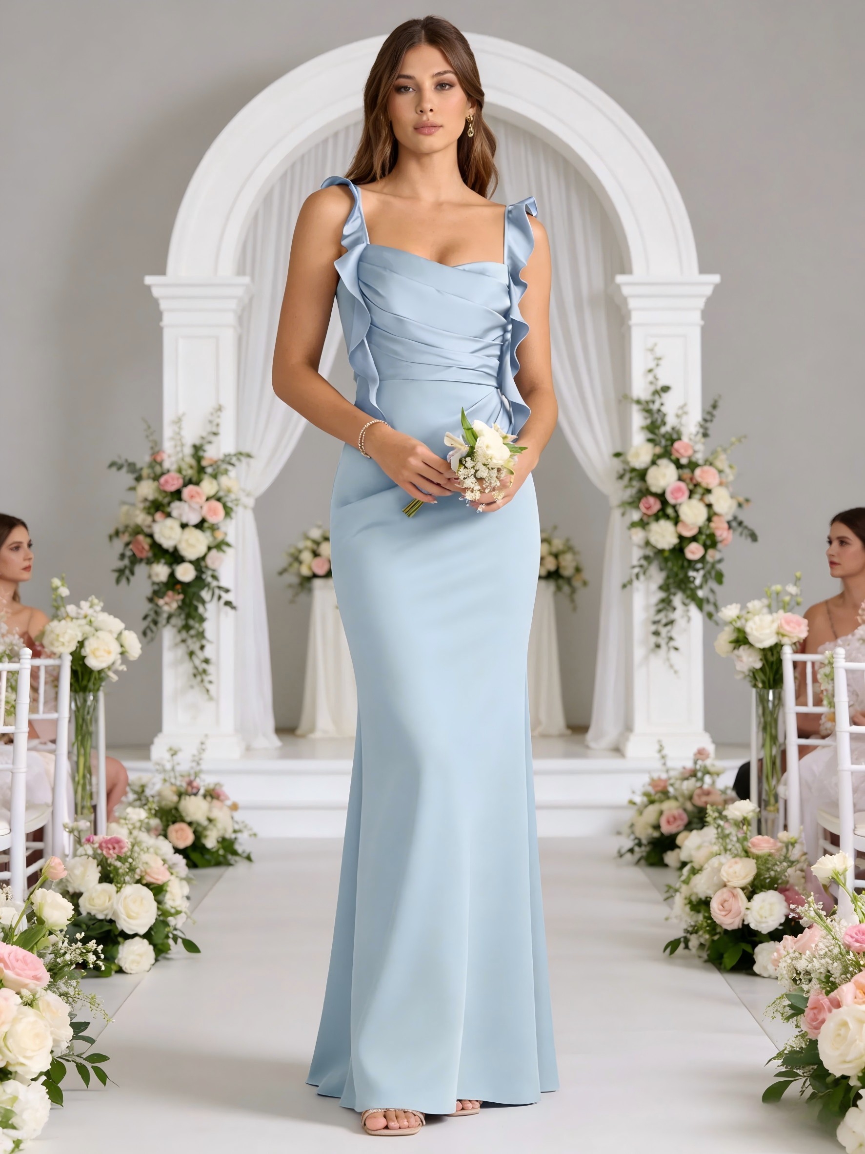 Satin Spaghetti Straps Ruffles Sheath Bridesmaid Dresses