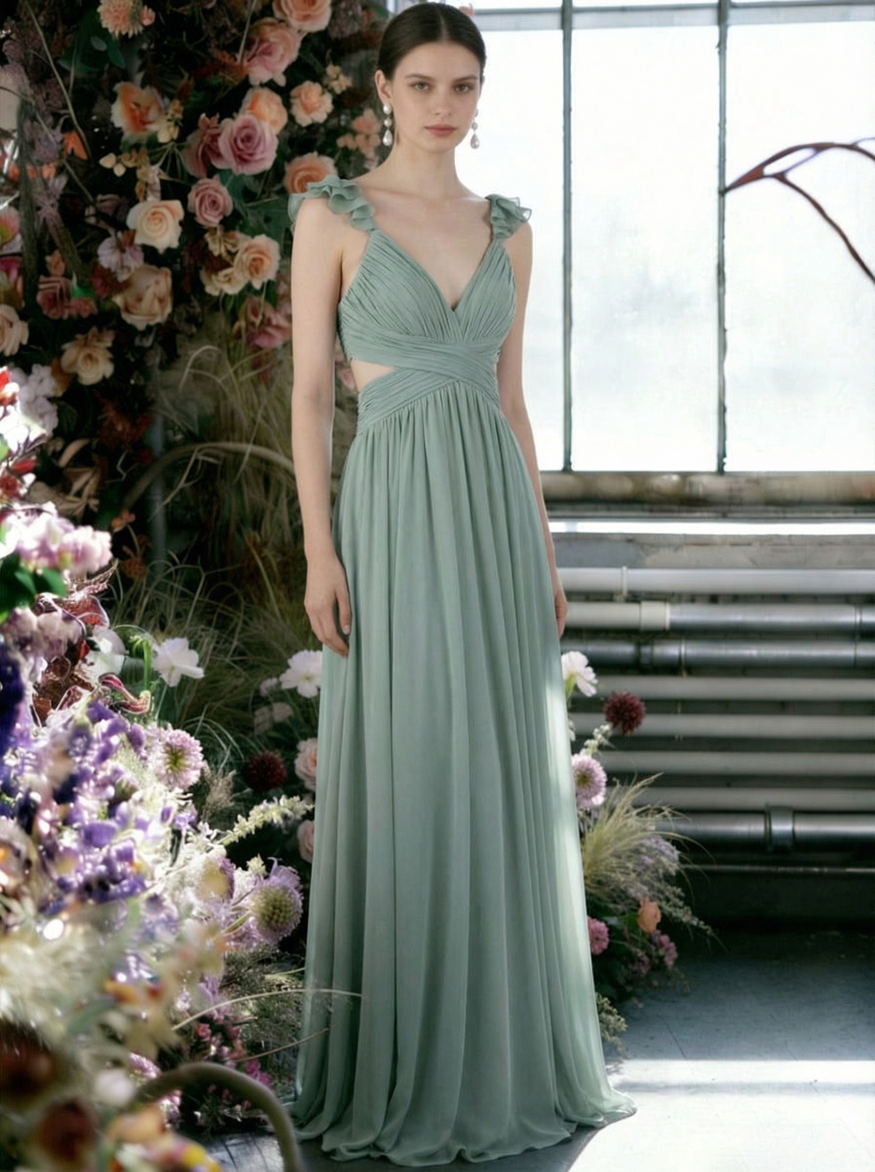 Chiffon Spaghetti Straps Ruffles V Neck Pleated Cut Out Corset Bridesmaid Dresses