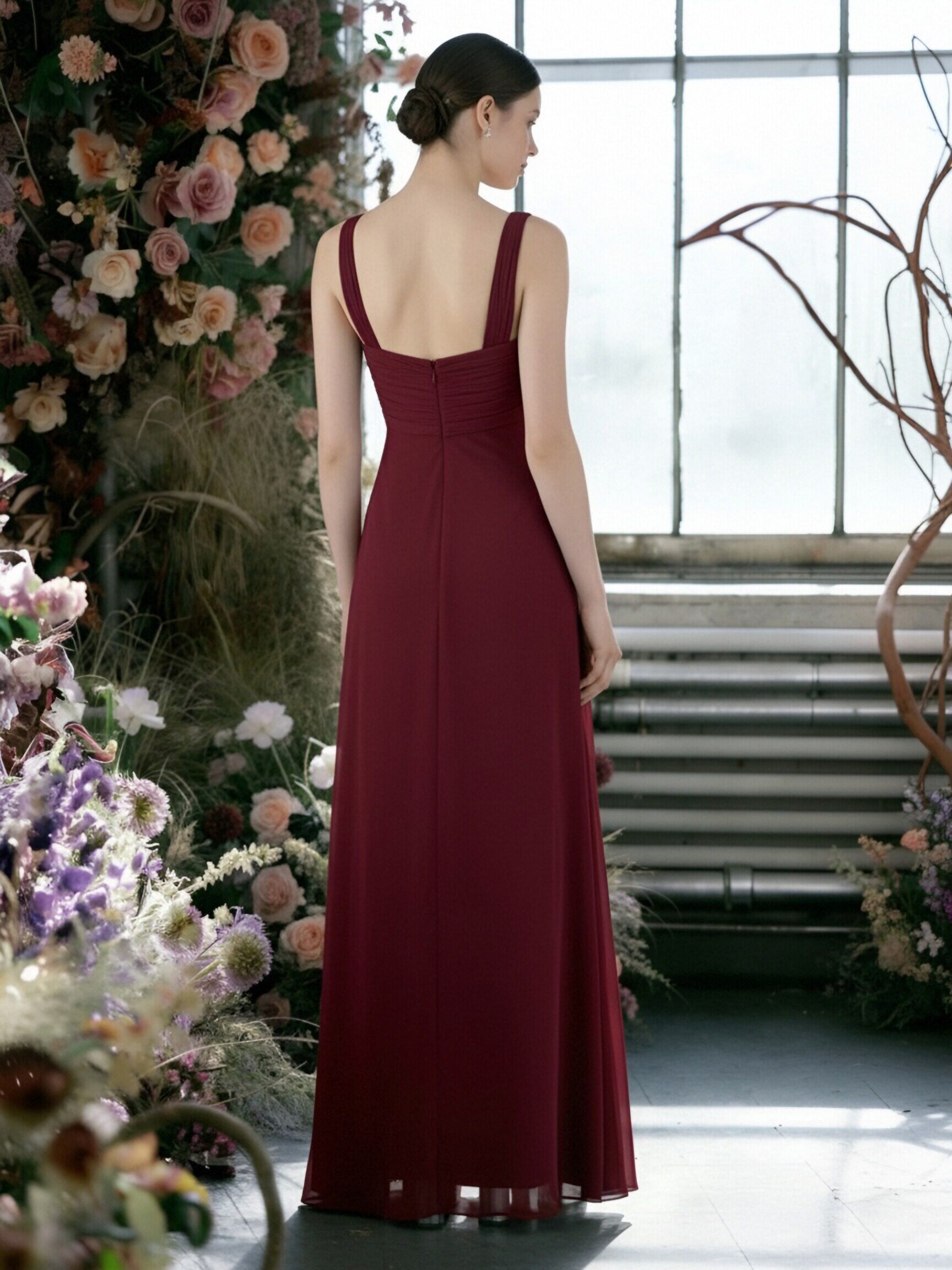 Chiffon V Neck Ruffles Tiered Ruched Bridesmaid Dresses with Slit