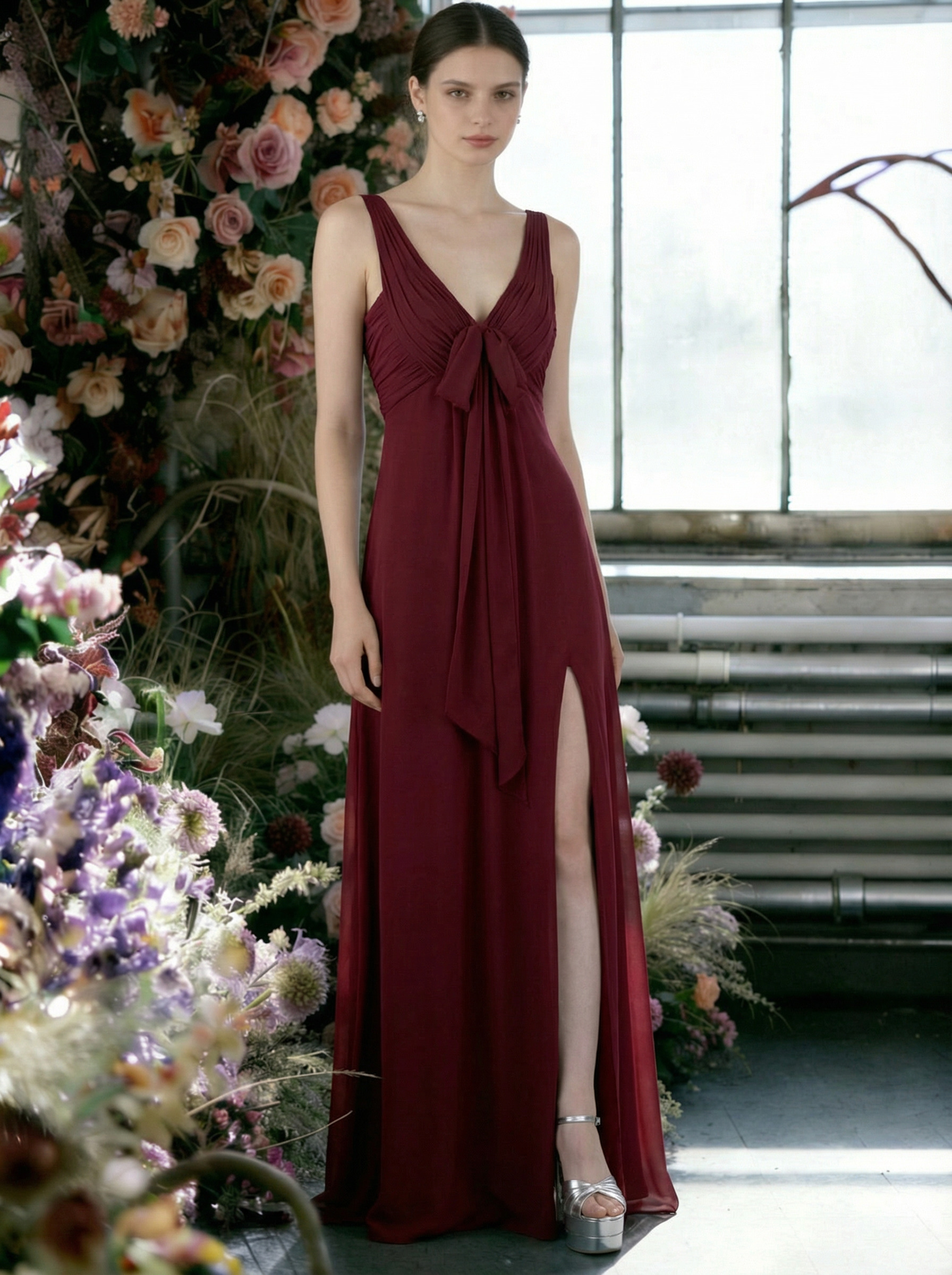 Chiffon V Neck Ruffles Tiered Ruched Bridesmaid Dresses with Slit