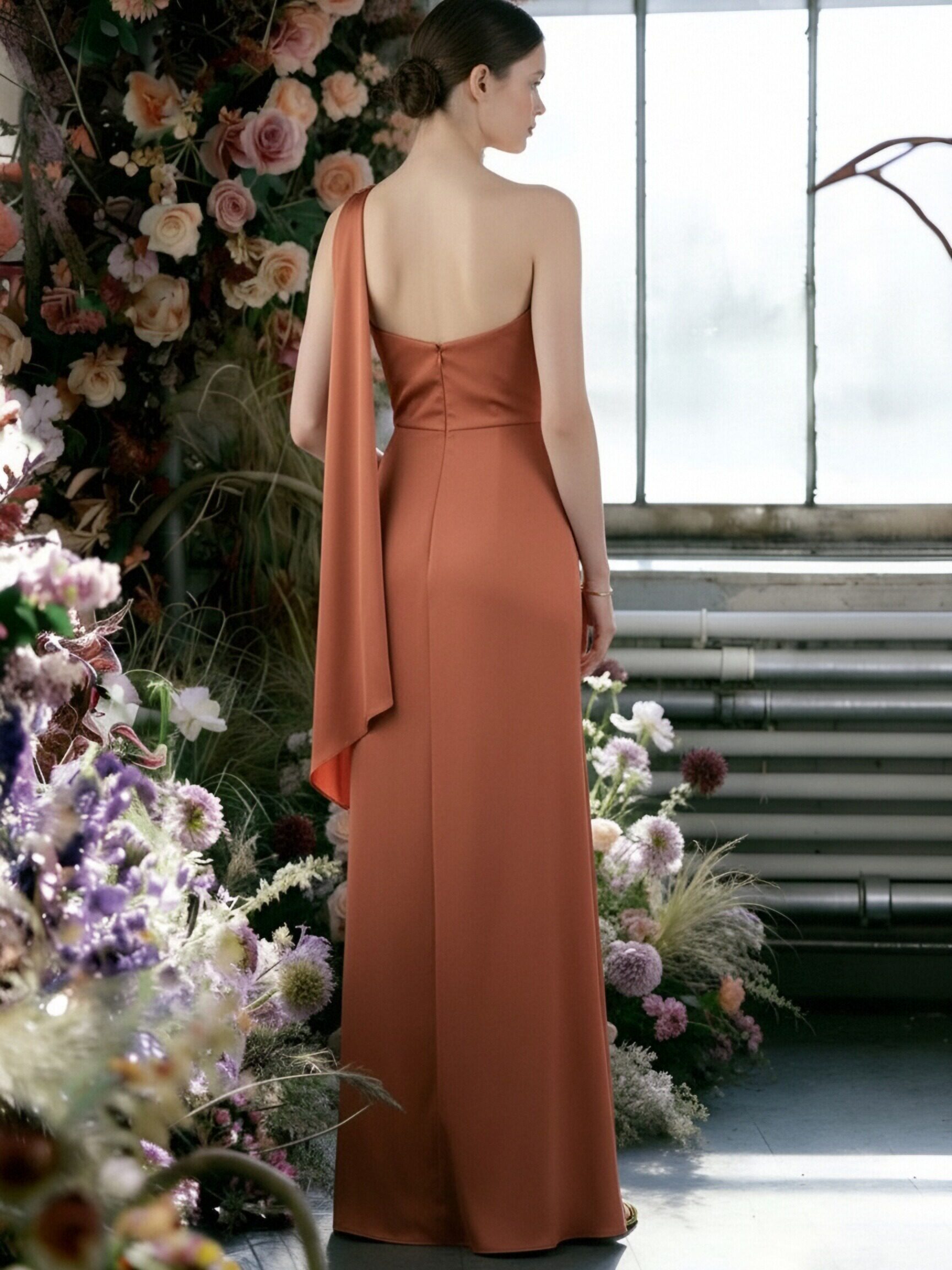 Chiffon One Shoulder Ruffles Corset Bridesmaid Dresses with Slit