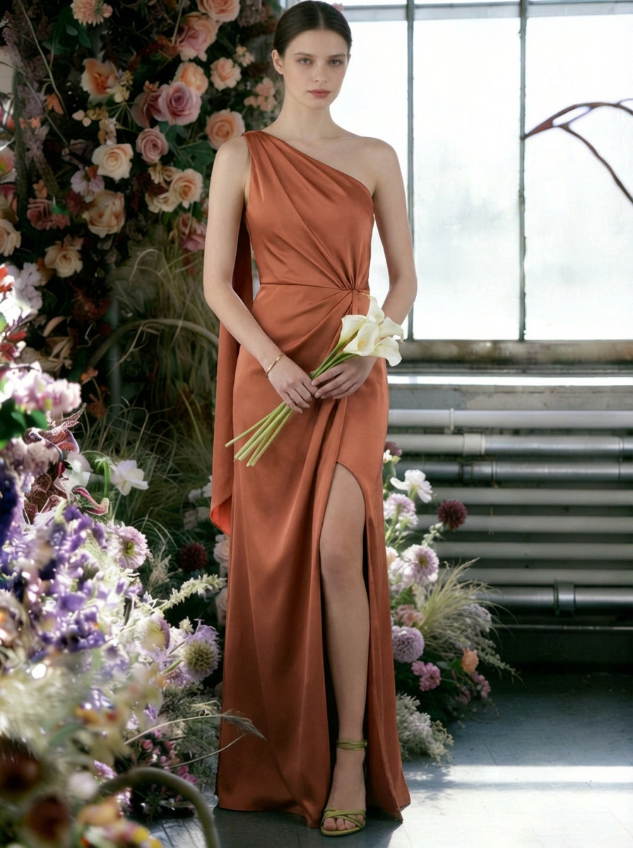 Chiffon One Shoulder Ruffles Corset Bridesmaid Dresses with Slit