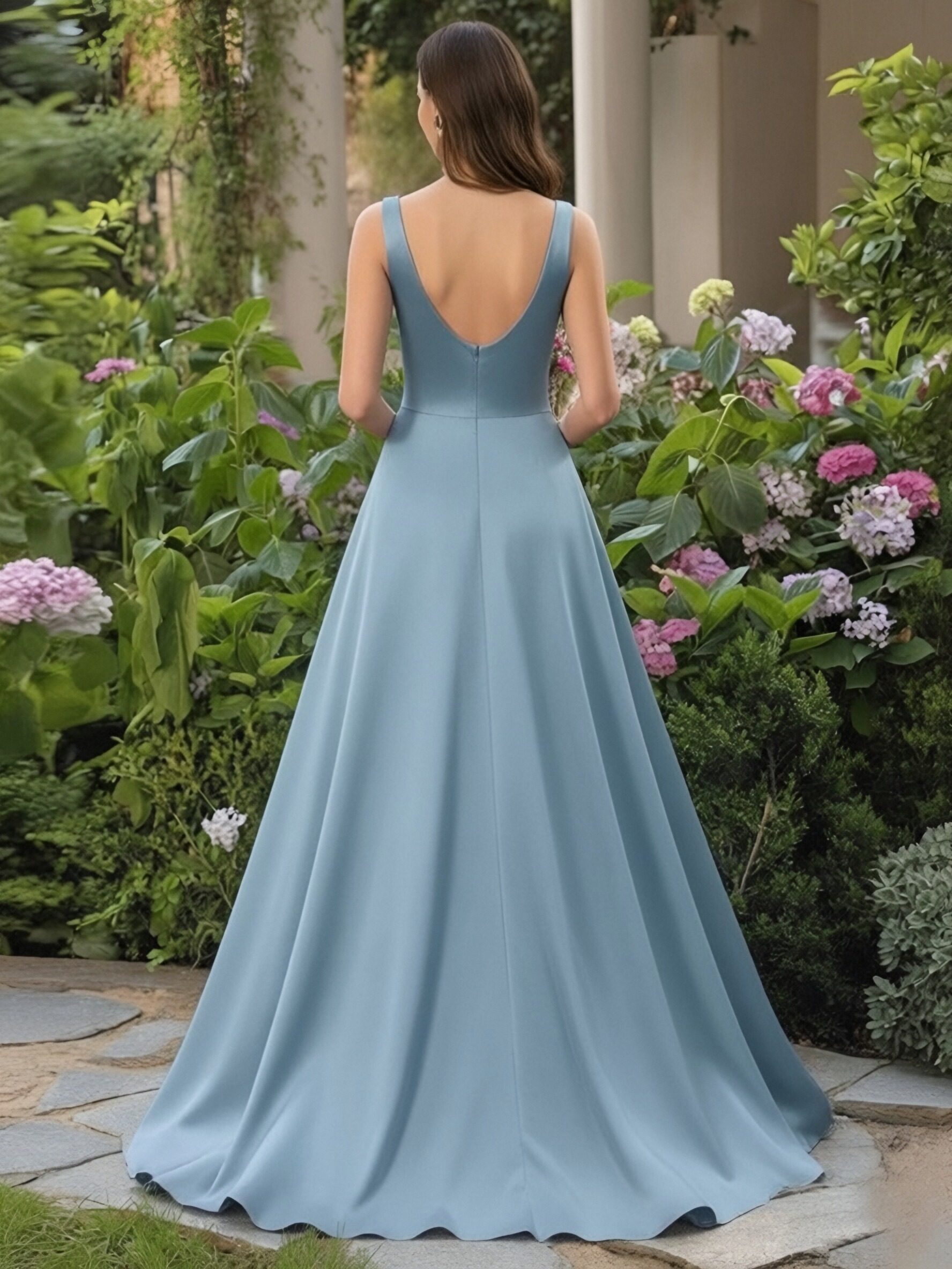 Chiffon V Neck A Line Corset Bridesmaid Dresses with Slit
