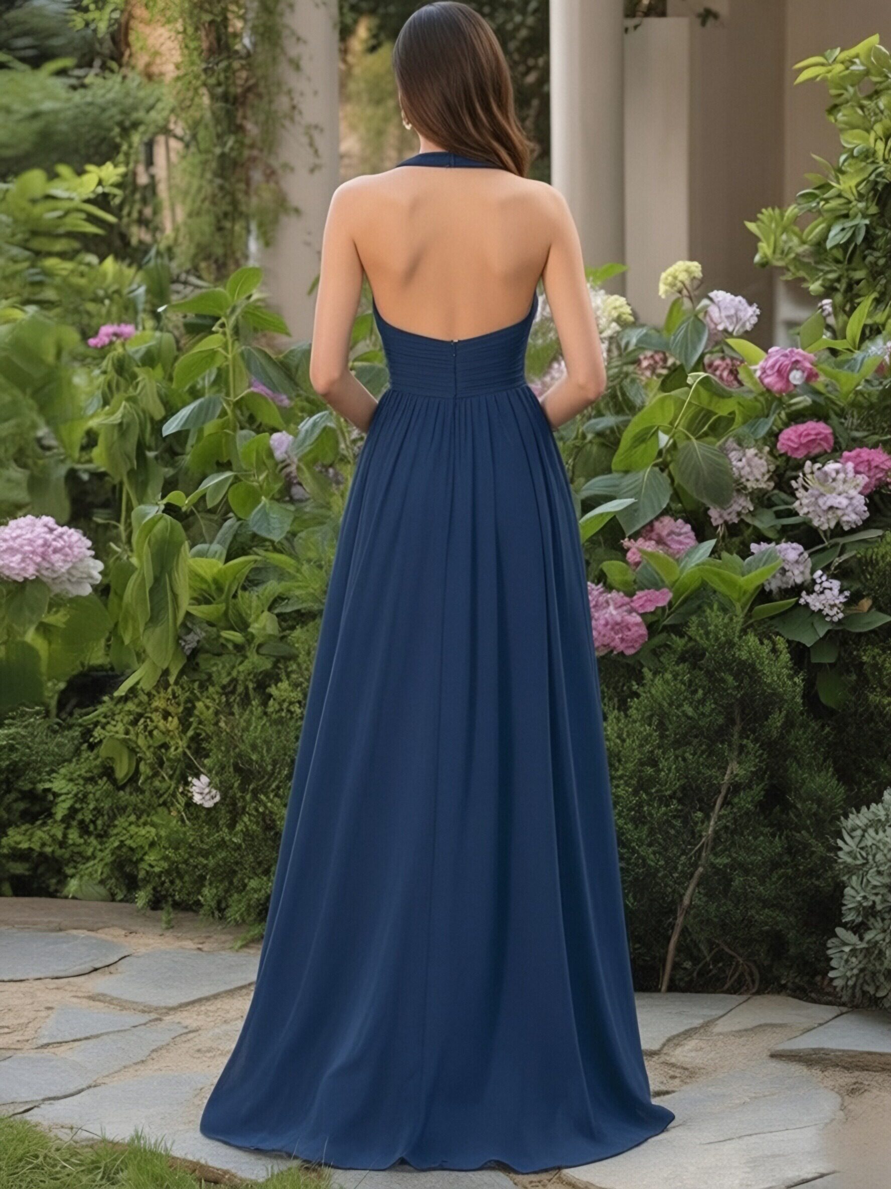 Chiffon Strapless Halter Ruched Pleated Bridesmaid Dresses with Slit