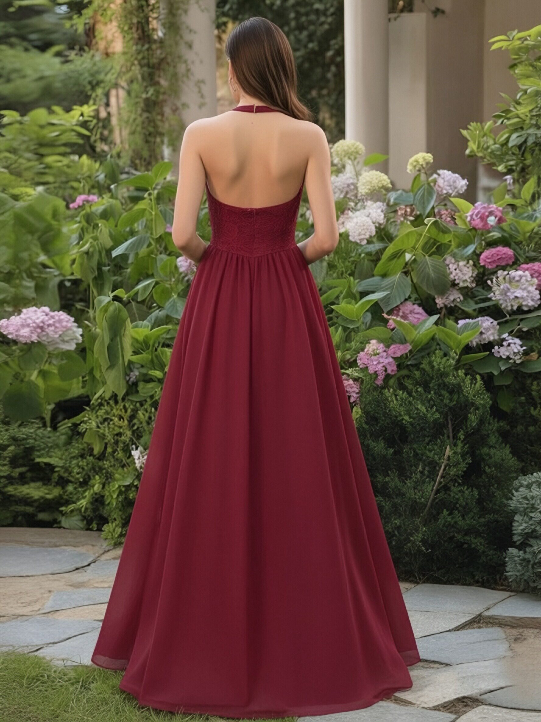 Chiffon Halter A Line Sleeveless Pleated Bridesmaid Dresses with Slit