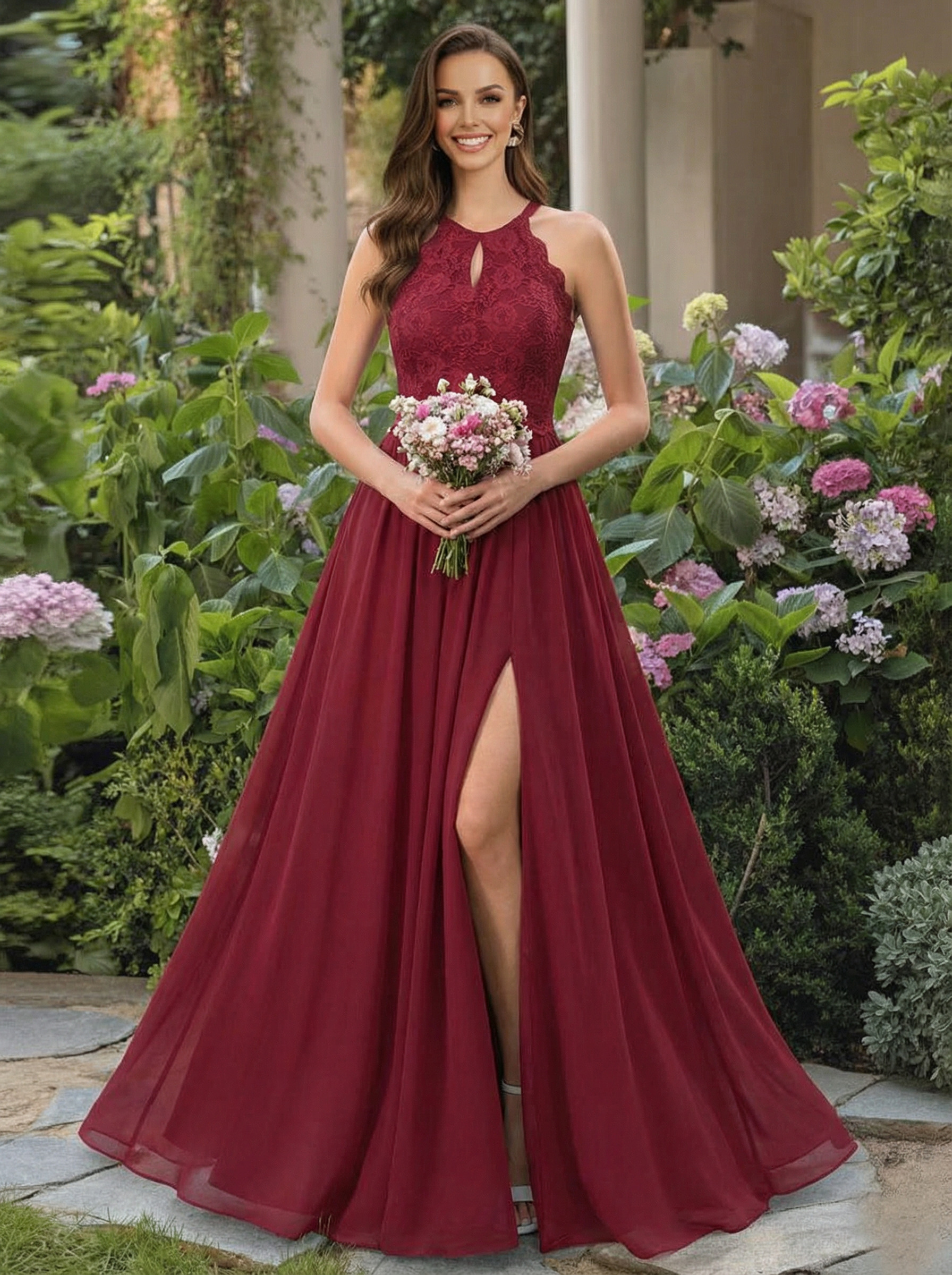 Chiffon Halter A Line Sleeveless Pleated Bridesmaid Dresses with Slit
