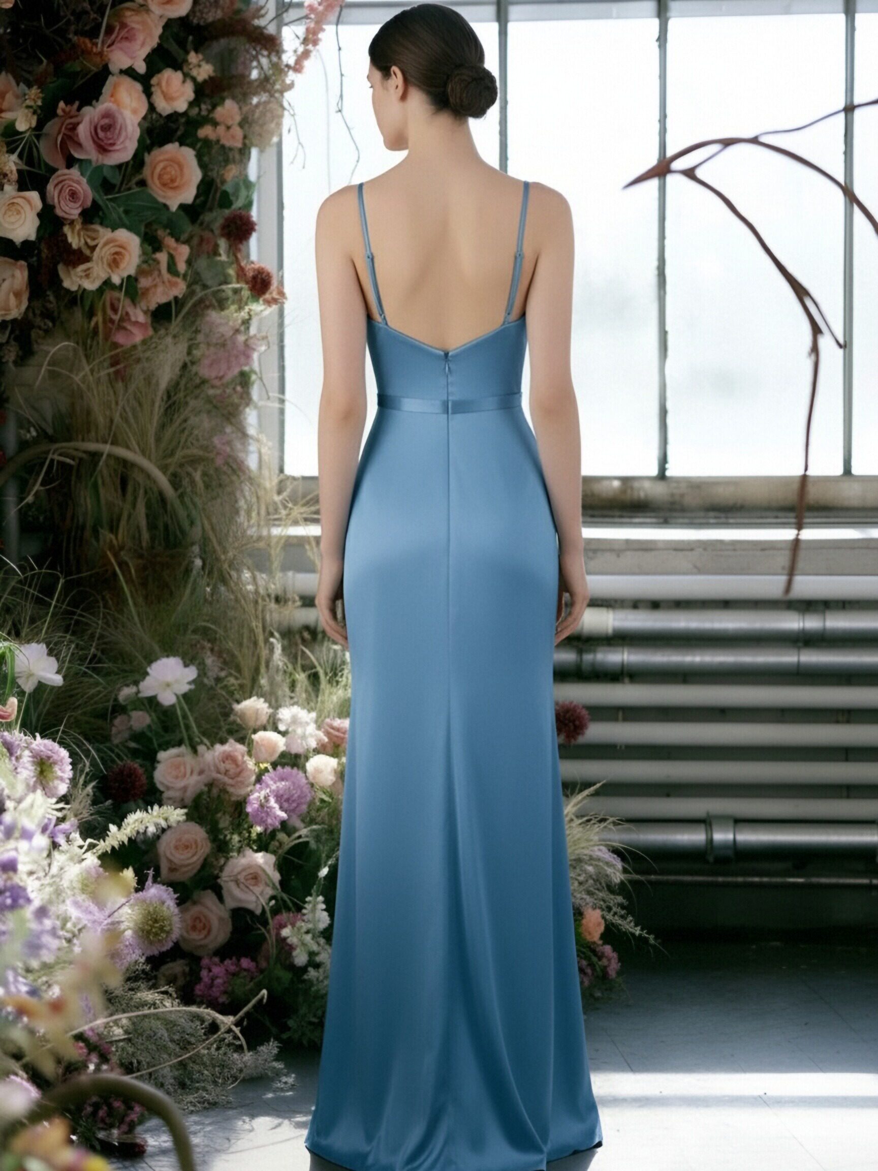 Satin Spaghetti Straps Pleated Sheath Bridesmaid Dresses