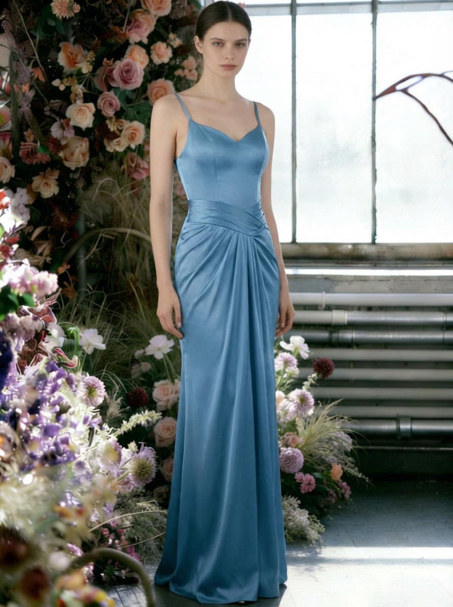 Satin Spaghetti Straps Pleated Sheath Bridesmaid Dresses