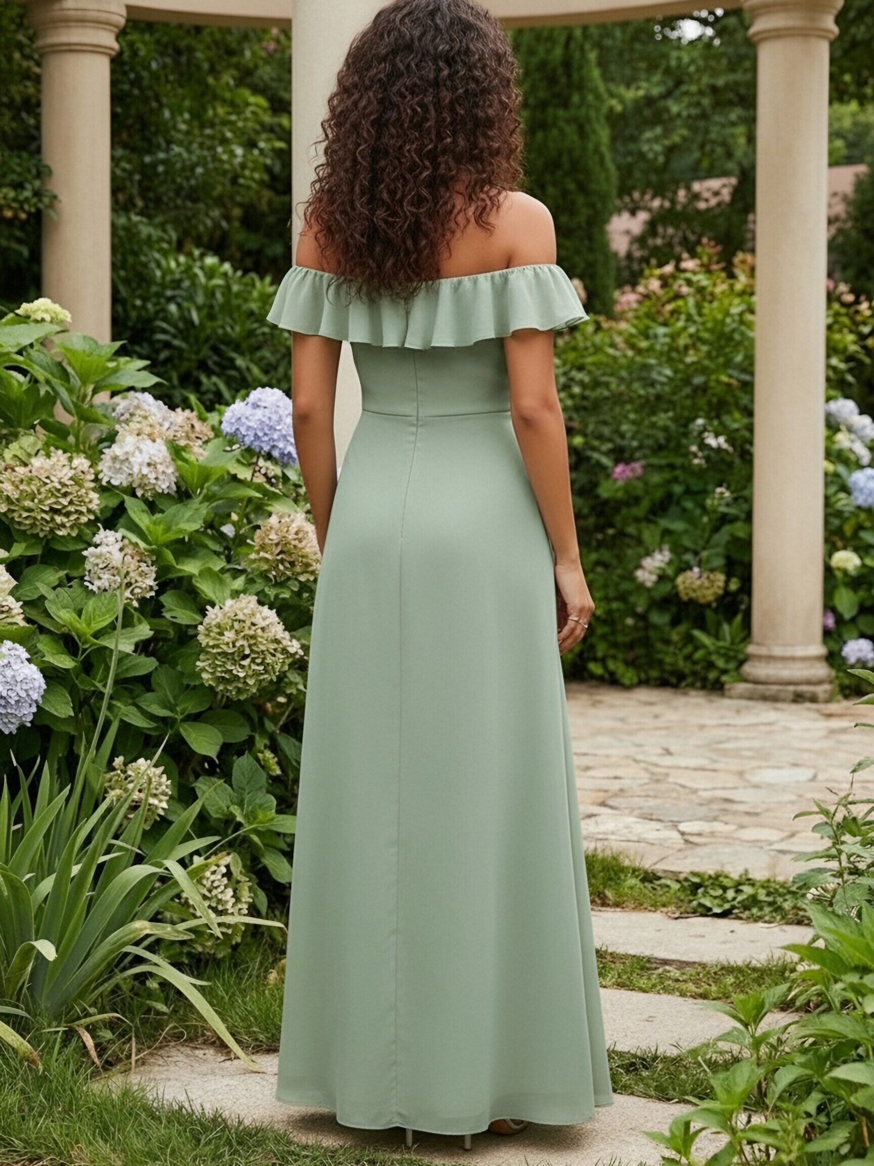 Chiffon Off the Shoulder Sheath Ruffles Bridesmaid Dresses with Slit