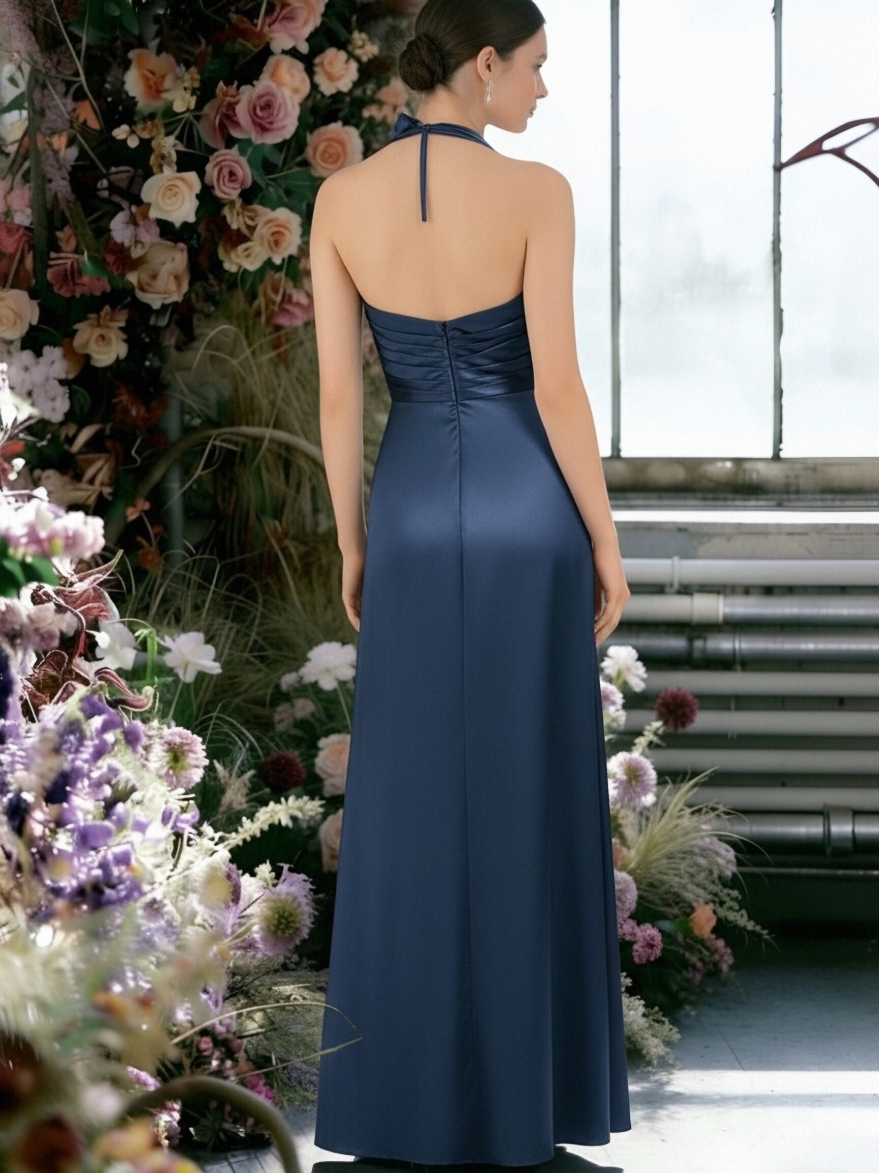 Satin Halter Sheath Pleated Bridesmaid Dresses with Slit
