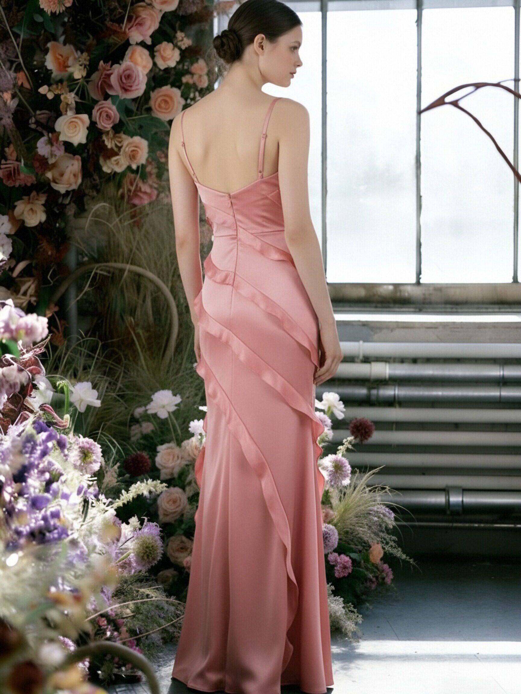 Satin Spaghetti Straps Ruffles Sheath Bridesmaid Dresses