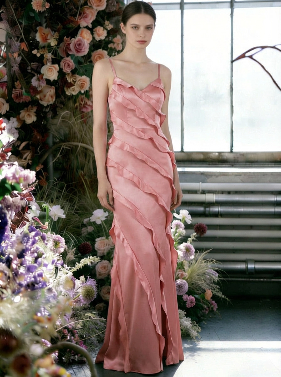 Satin Spaghetti Straps Ruffles Sheath Bridesmaid Dresses