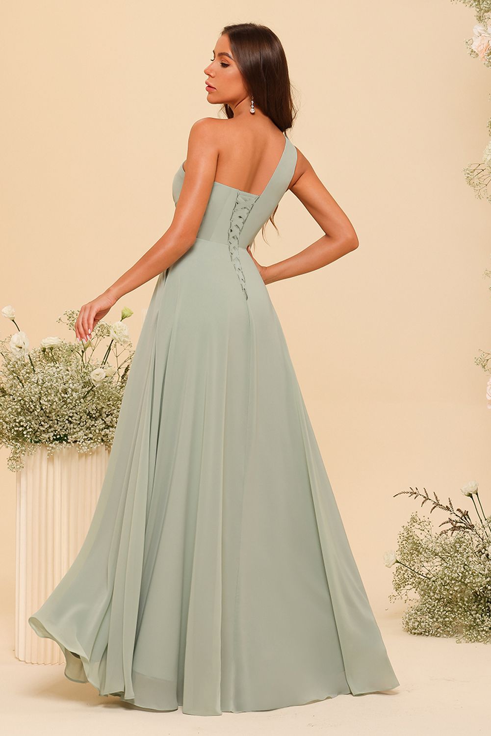 Chiffon One Shoulder Ruffles Pleated Bridesmaid Dresses with Slit