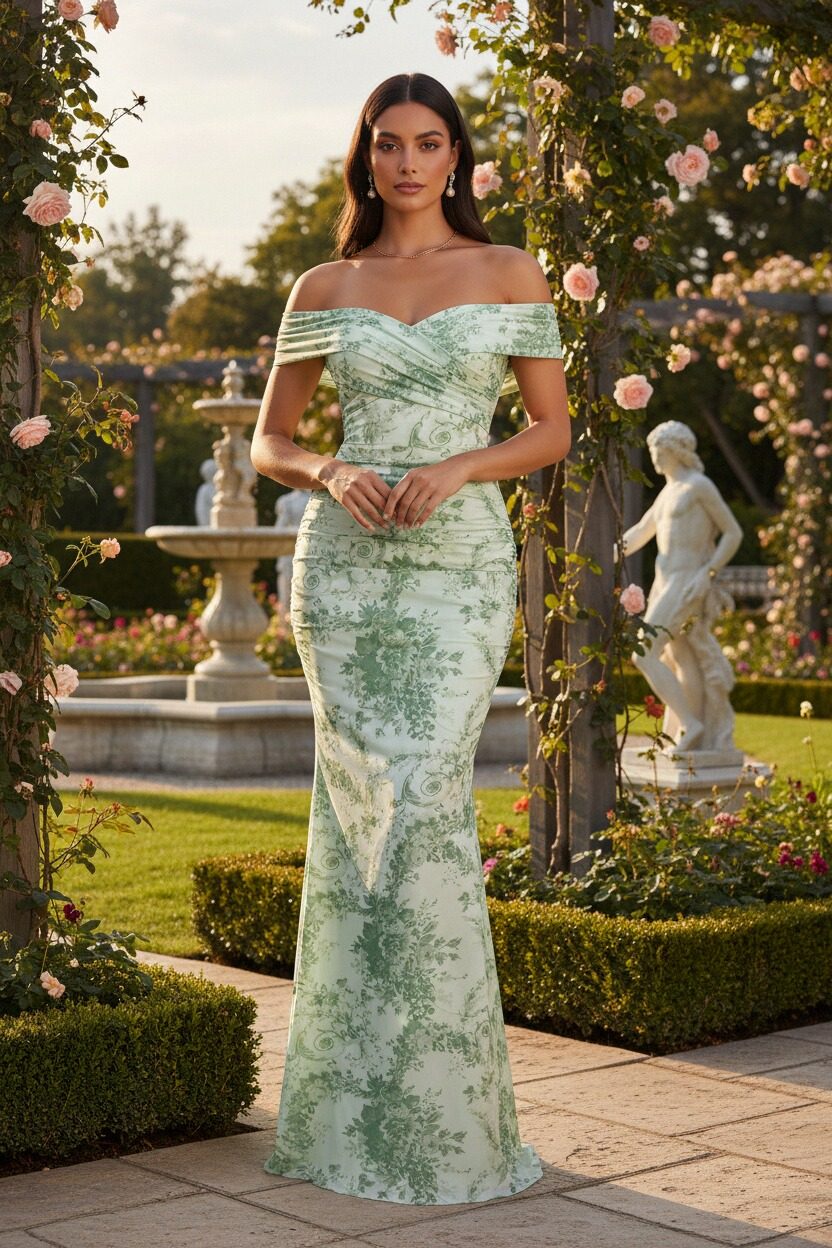 Satin Ruched Off the Shoulder Floral Print Bridesmaid Dresses