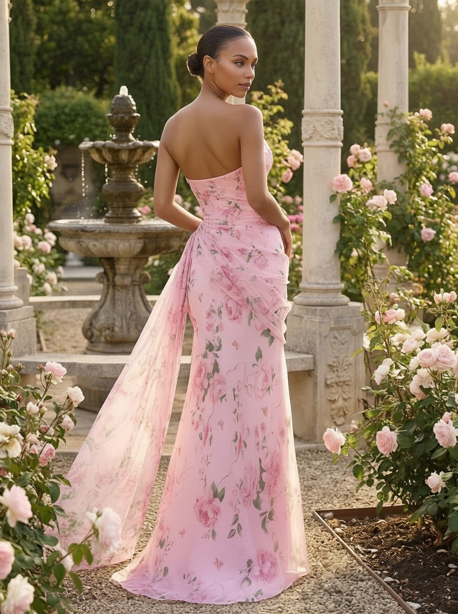 Floral Print Strapless Sleeveless Mermaid Bridesmaid Dresses