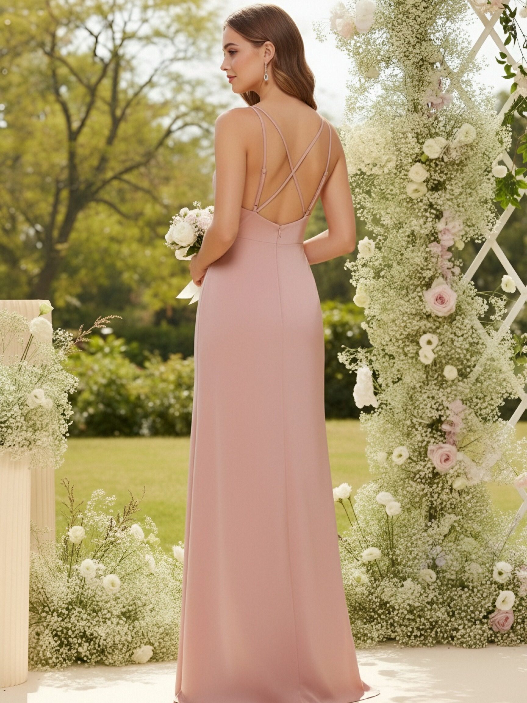 Spaghetti Straps Satin V Neck Bridesmaid Dresses with Slit