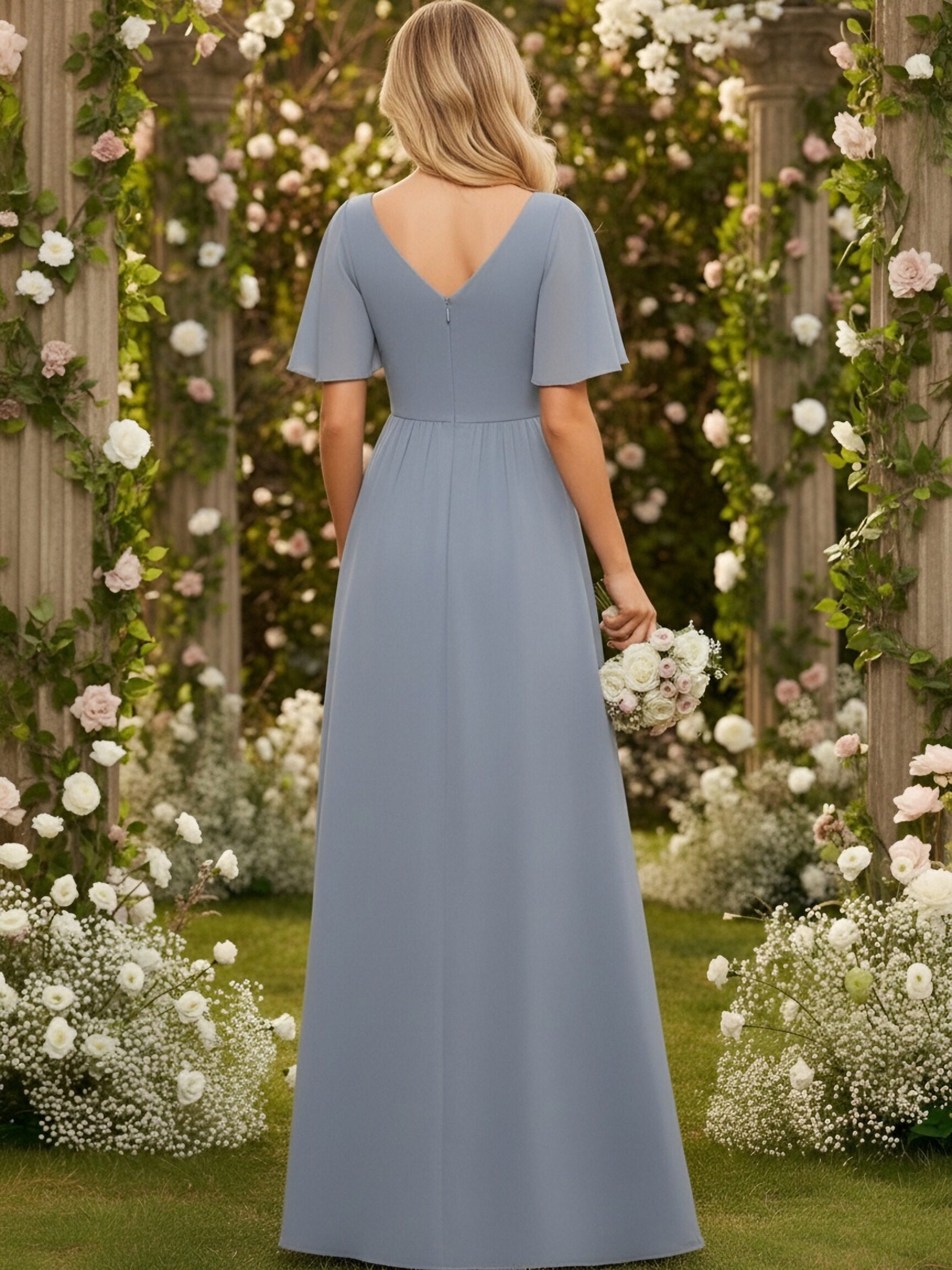 Flutter Sleeves Chiffon V Neck Bridesmaid Dresses