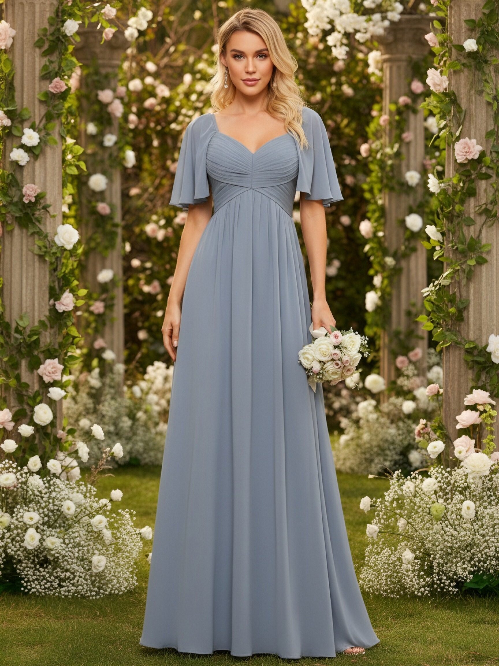 Flutter Sleeves Chiffon V Neck Bridesmaid Dresses