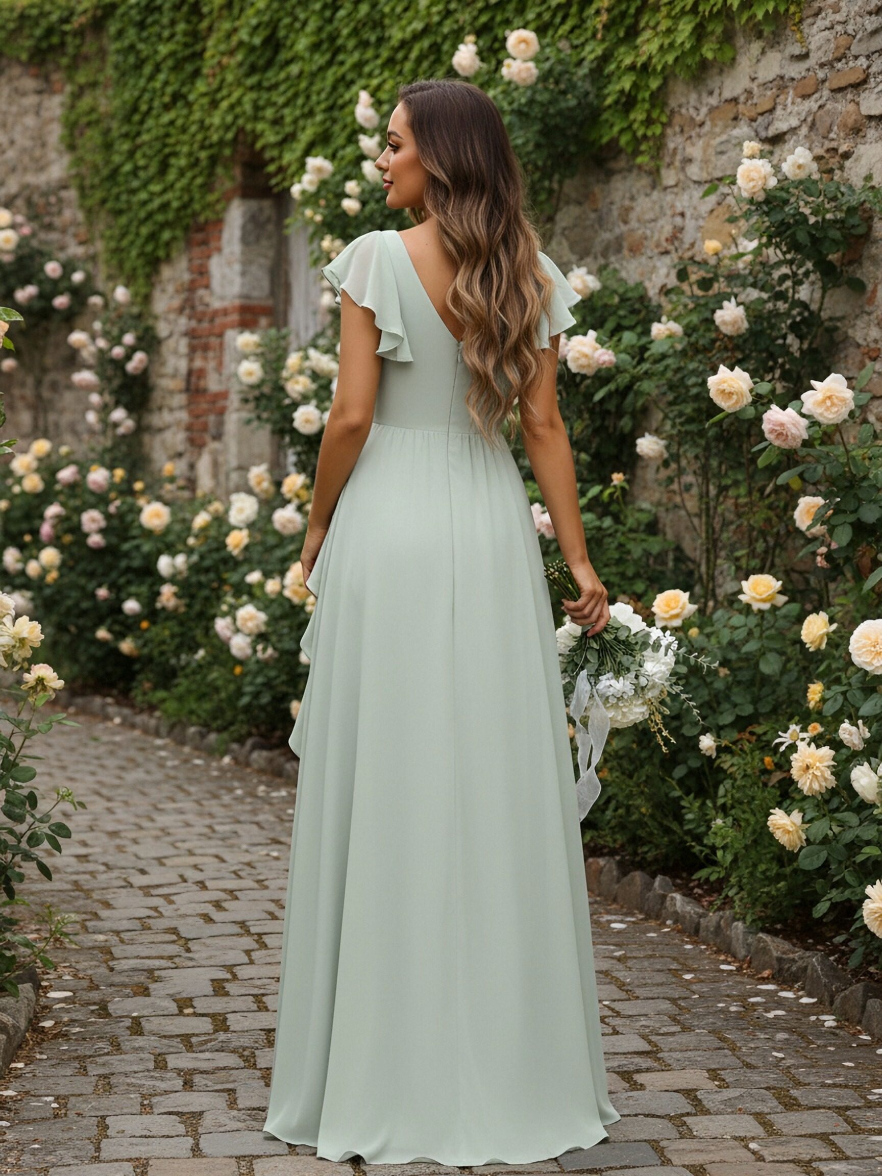 Short Sleeves Chiffon V Neck A Line Bridesmaid Dresses