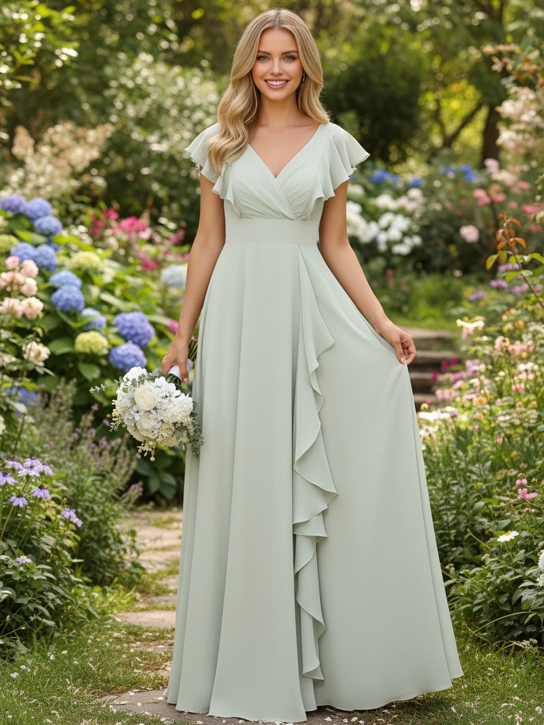 Short Sleeves Chiffon V Neck A Line Bridesmaid Dresses
