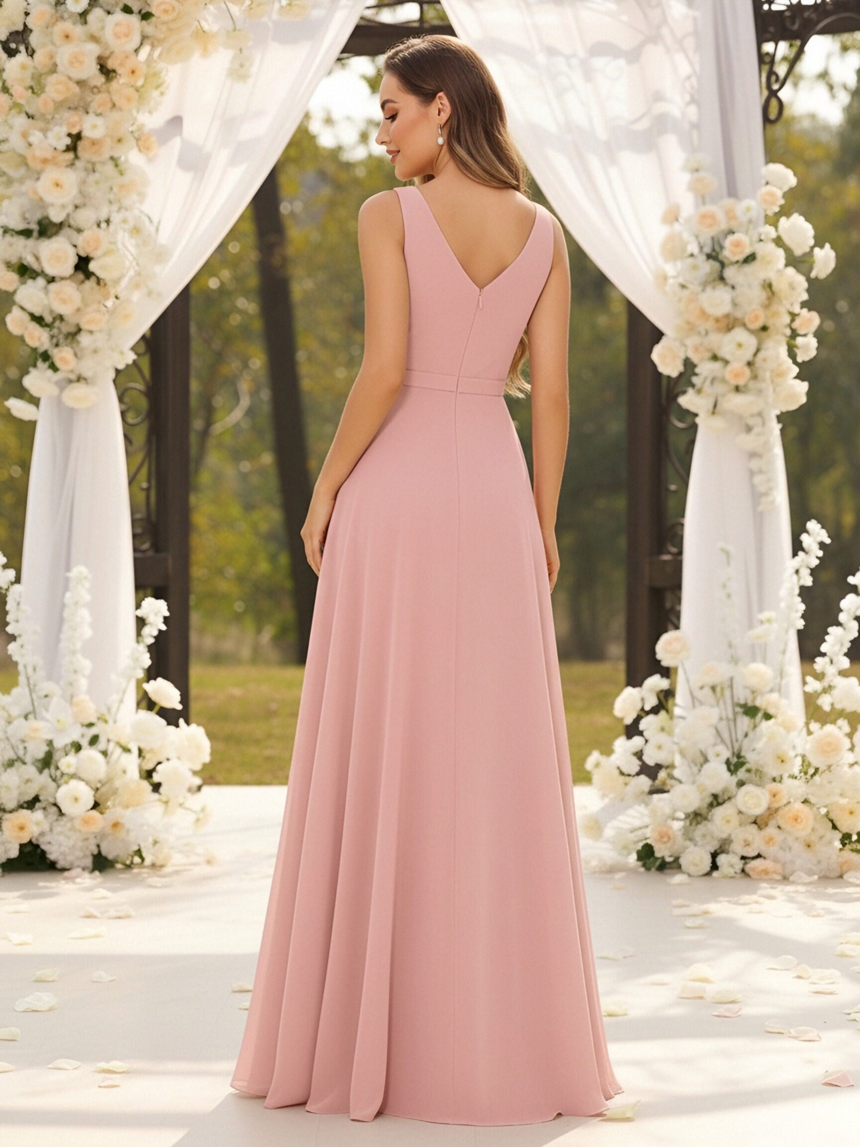 Double V Neck Chiffon A Line Bridesmaid Dresses