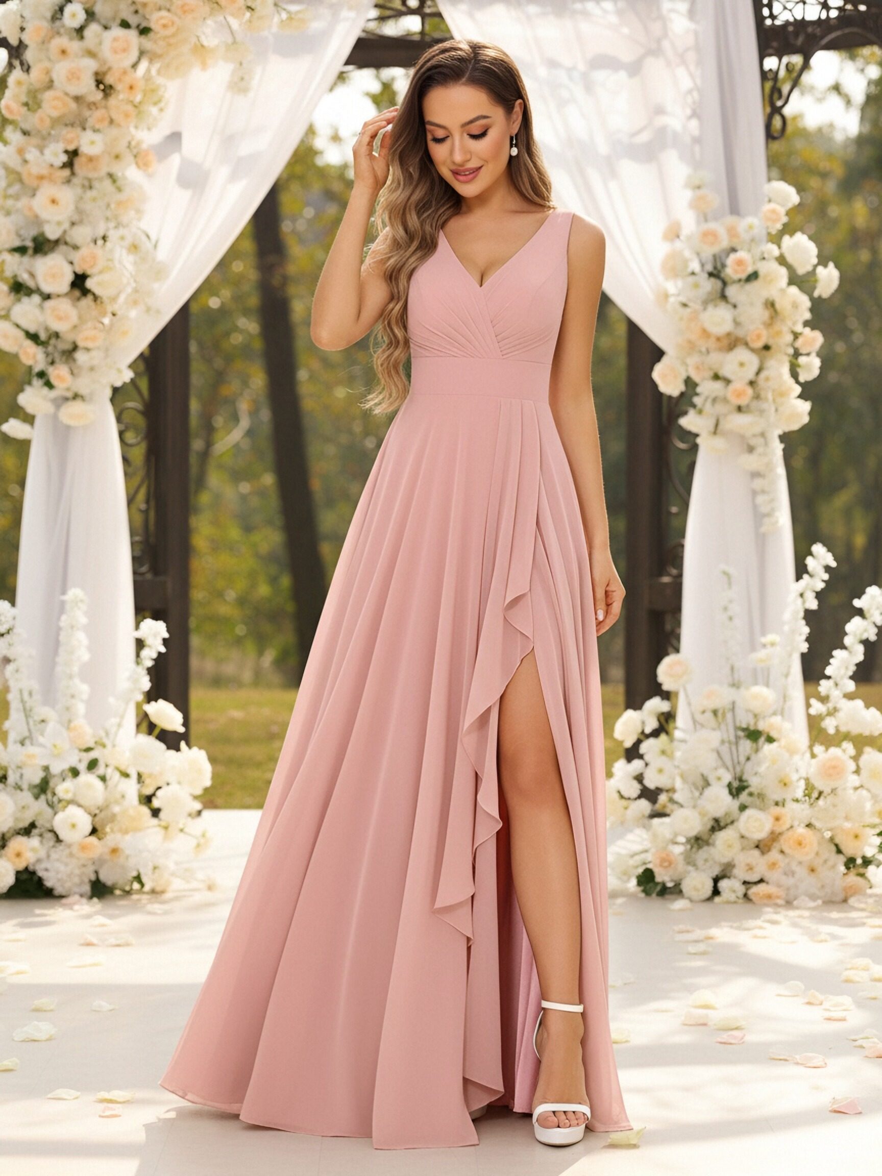 Double V Neck Chiffon A Line Bridesmaid Dresses