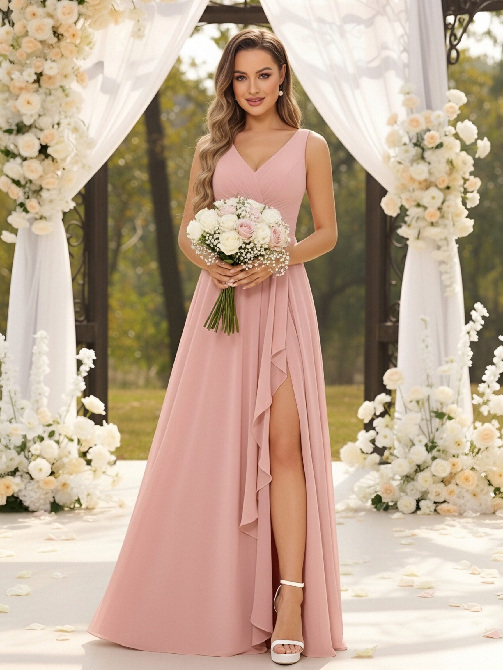 Double V Neck Chiffon A Line Bridesmaid Dresses