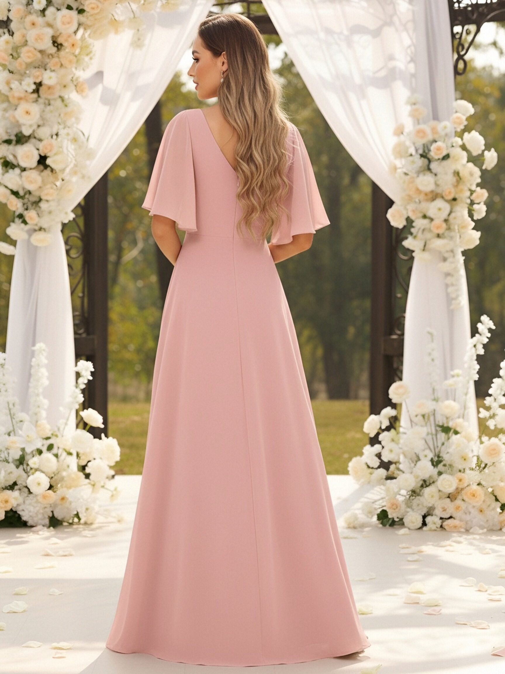 Short Sleeves Chiffon A Line Bridesmaid Dresses with Slit