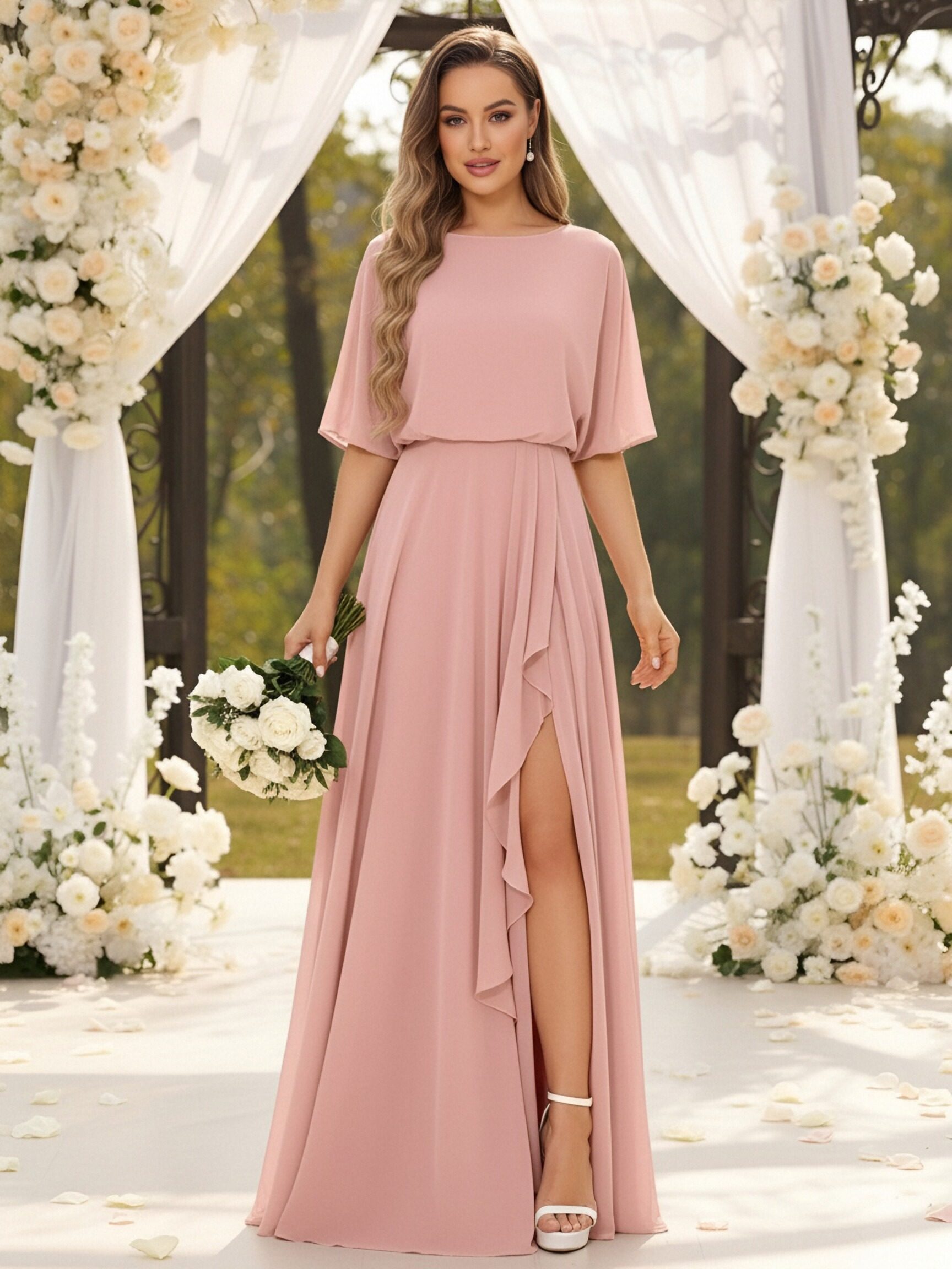 Short Sleeves Chiffon A Line Bridesmaid Dresses with Slit