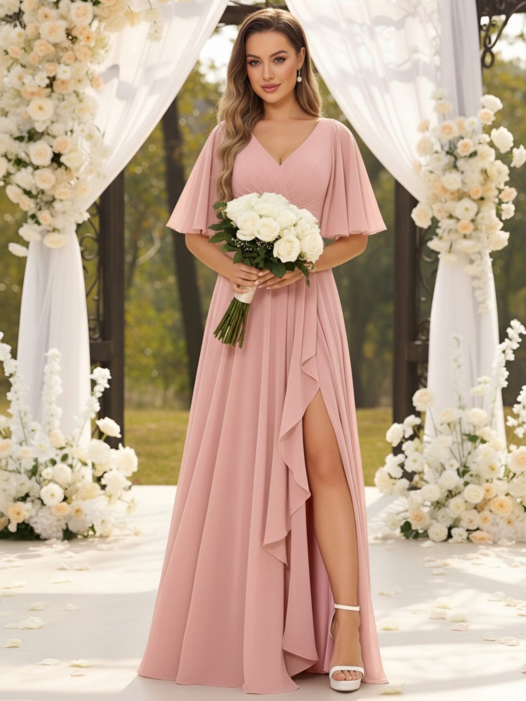 Flutter Sleeves Chiffon V Neck Bridesmaid Dresses with Slit