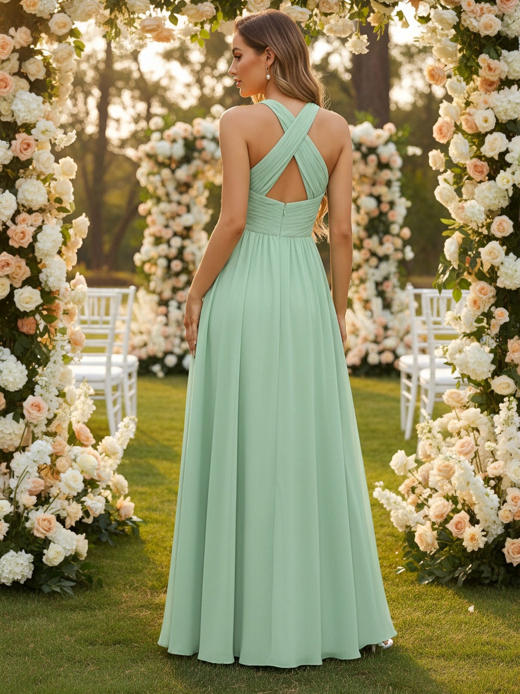 Halter Chiffon Pleated Cut Out Bridesmaid Dresses with Slit