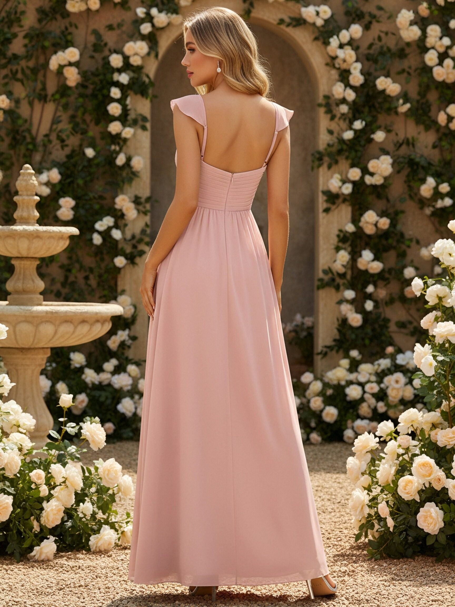 Flutter Chiffon V Neck Bridesmaid Dresses with Slit