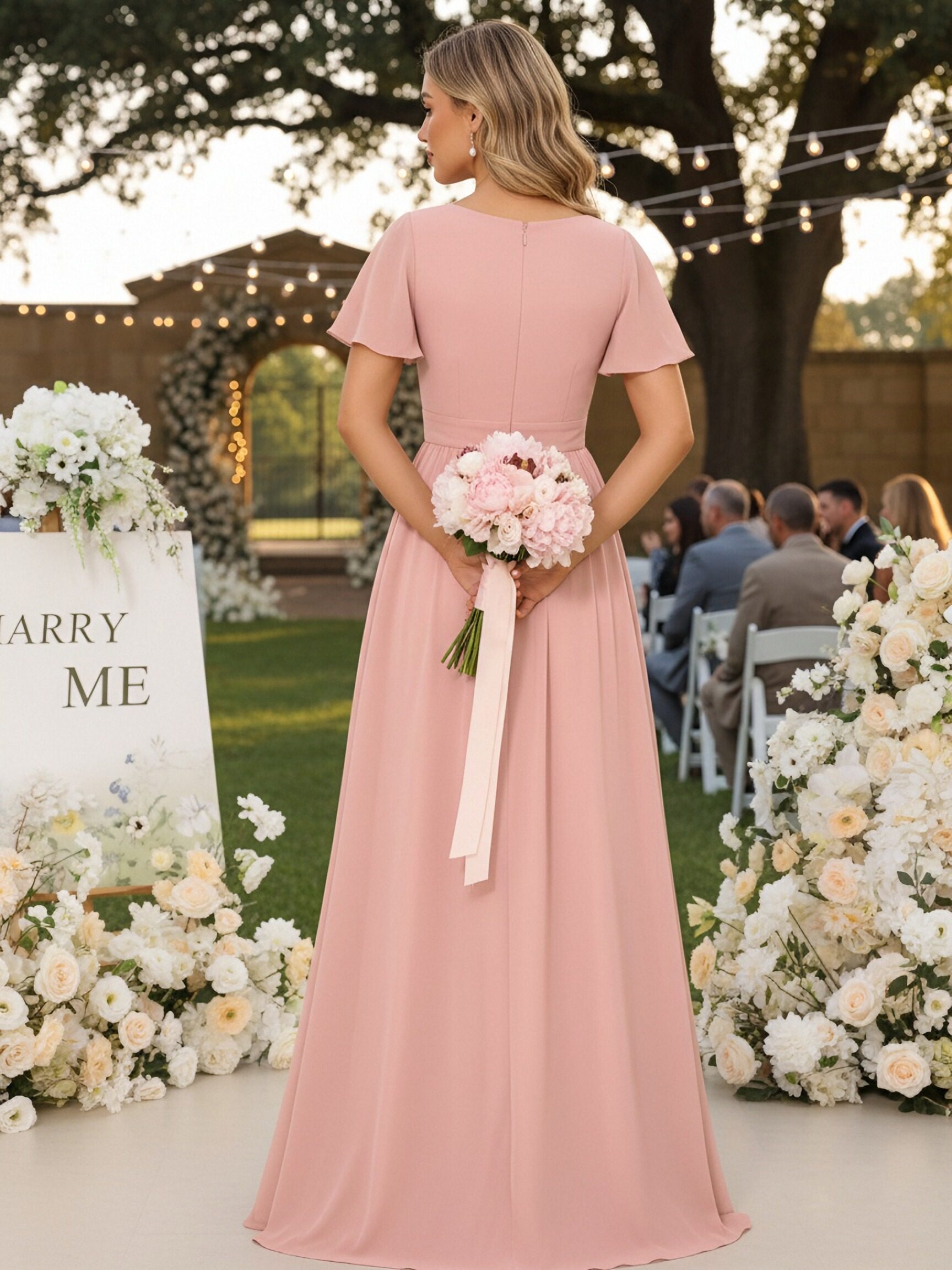 Short Sleeves Chiffon V Neck Bridesmaid Dresses with Slit