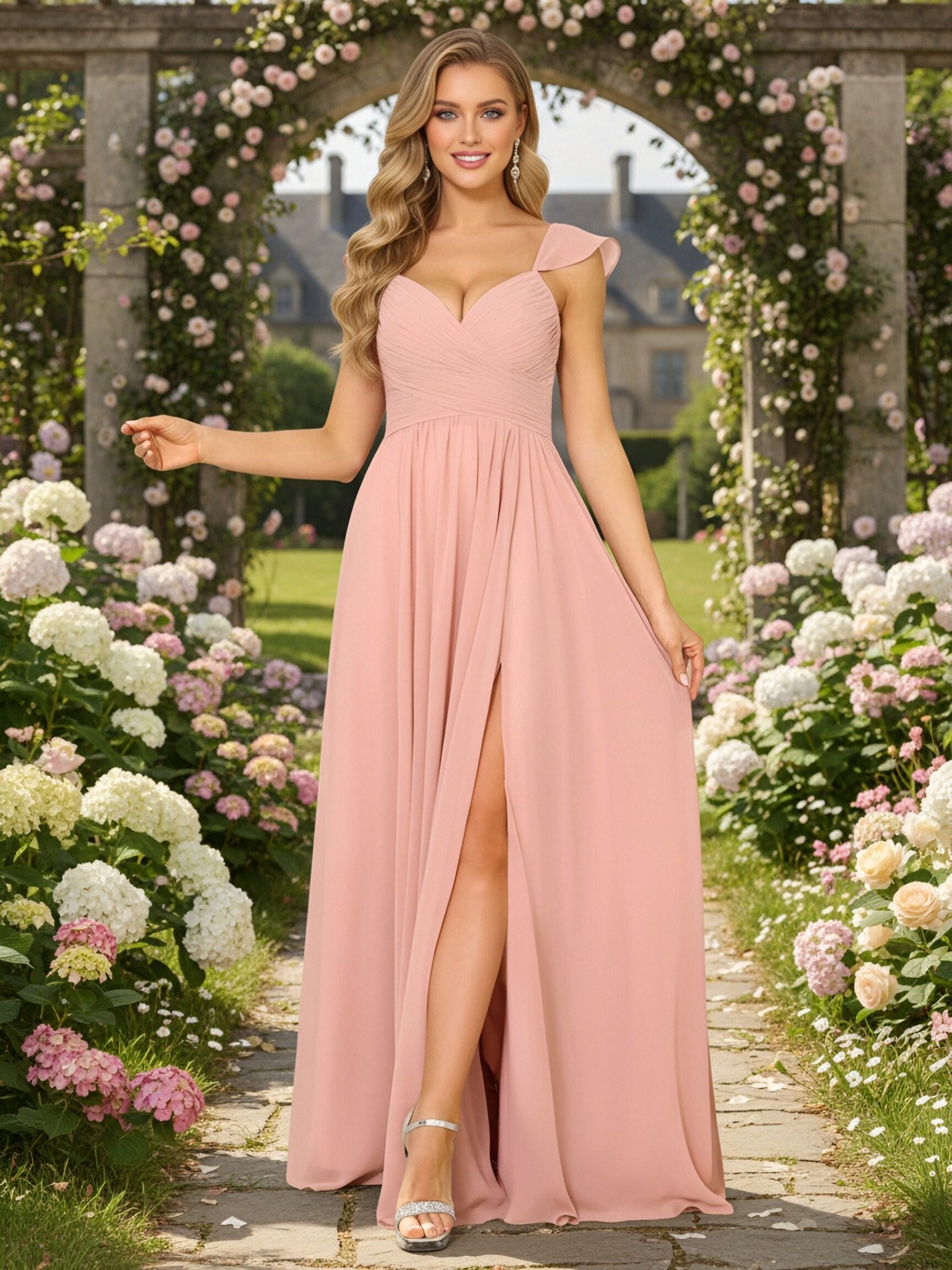 Flutter Chiffon V Neck Bridesmaid Dresses with Slit
