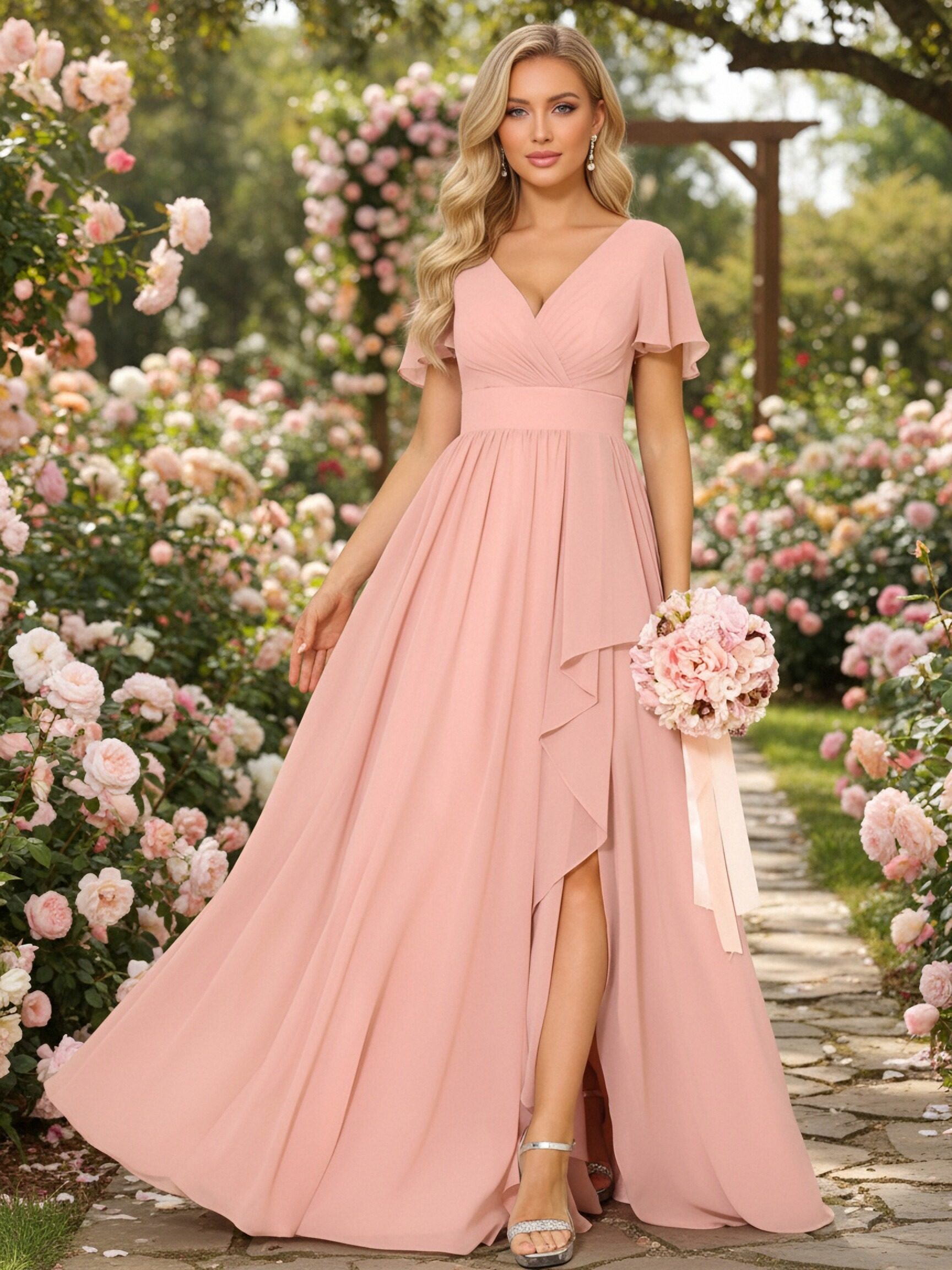 Short Sleeves Chiffon V Neck Bridesmaid Dresses with Slit